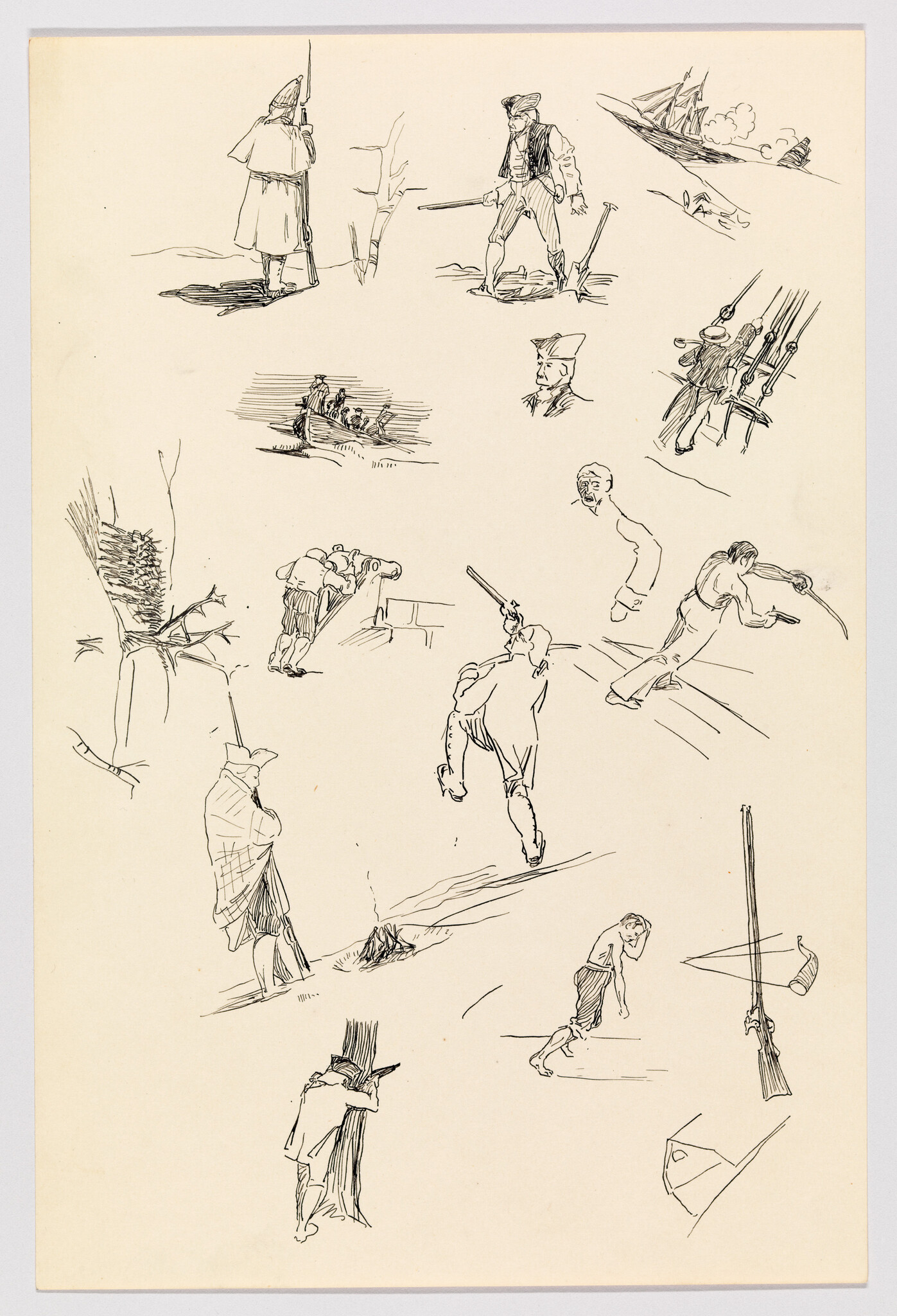 Various quick ink sketches showing sailors and soldiers in action, climbing, rowing, and aiming rifles.
