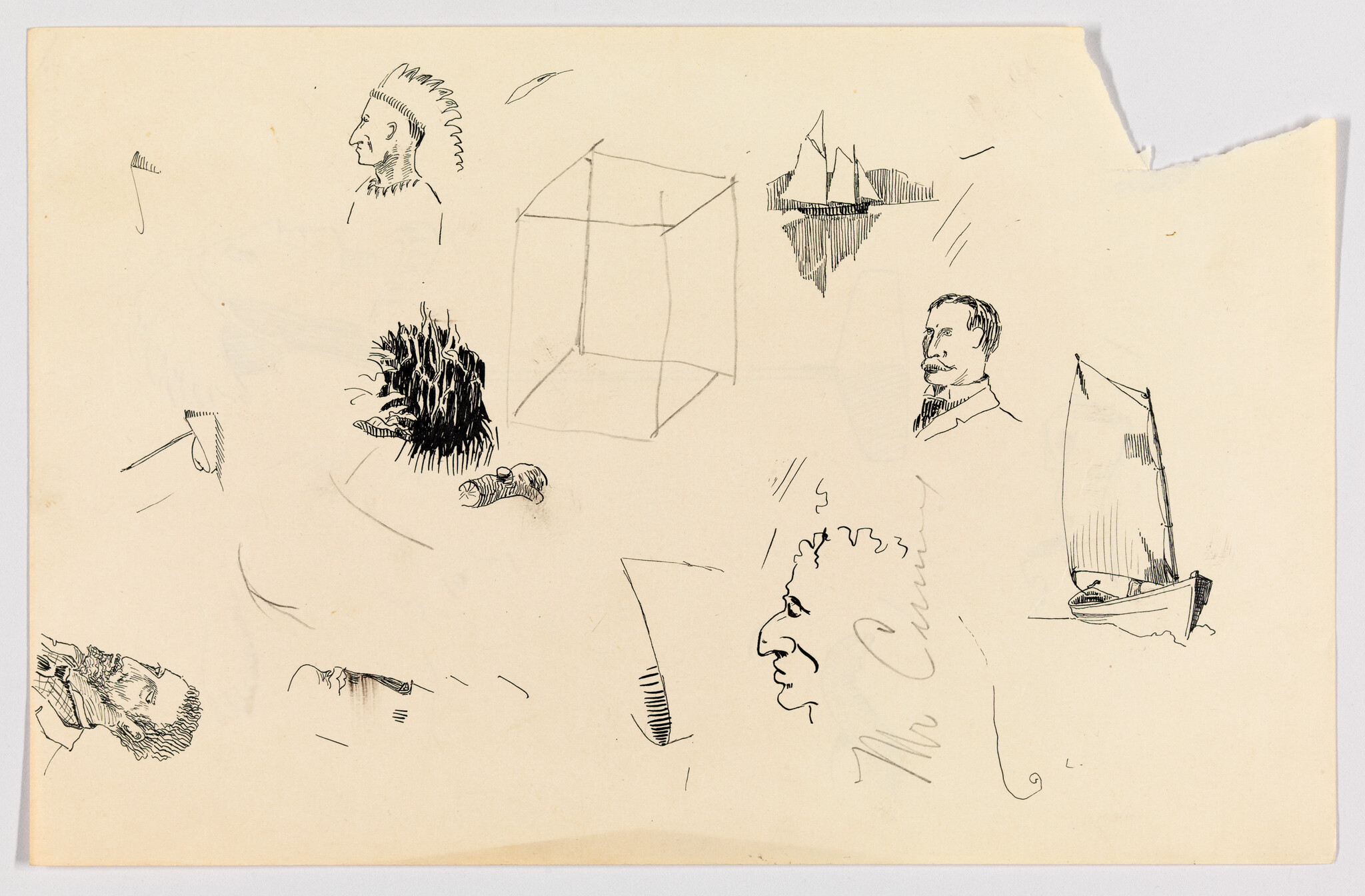 Scattered pen sketches of faces, sailboats, a cube, and grass on paper.