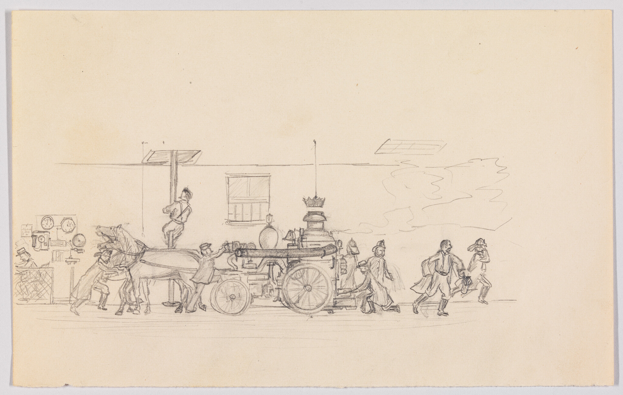 A pencil sketch shows a horse-drawn fire engine with firefighters pushing, pulling, and running.