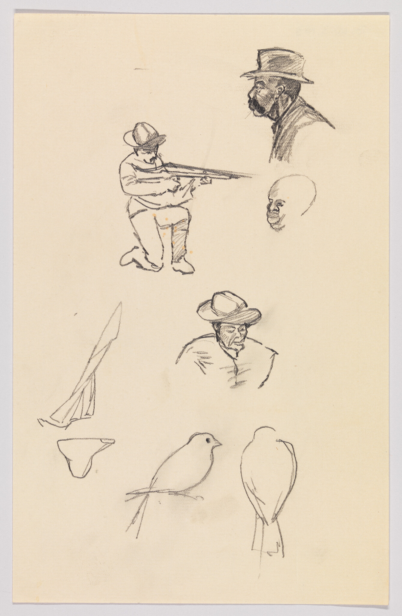 Several pencil sketches show a kneeling man aiming a rifle, hat-wearing heads, and two perched birds.
