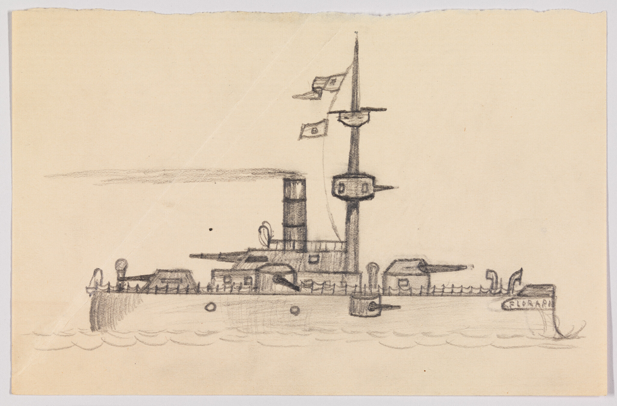 A pencil sketch of an ironclad warship with a tall mast, smokestack, and deck guns.
