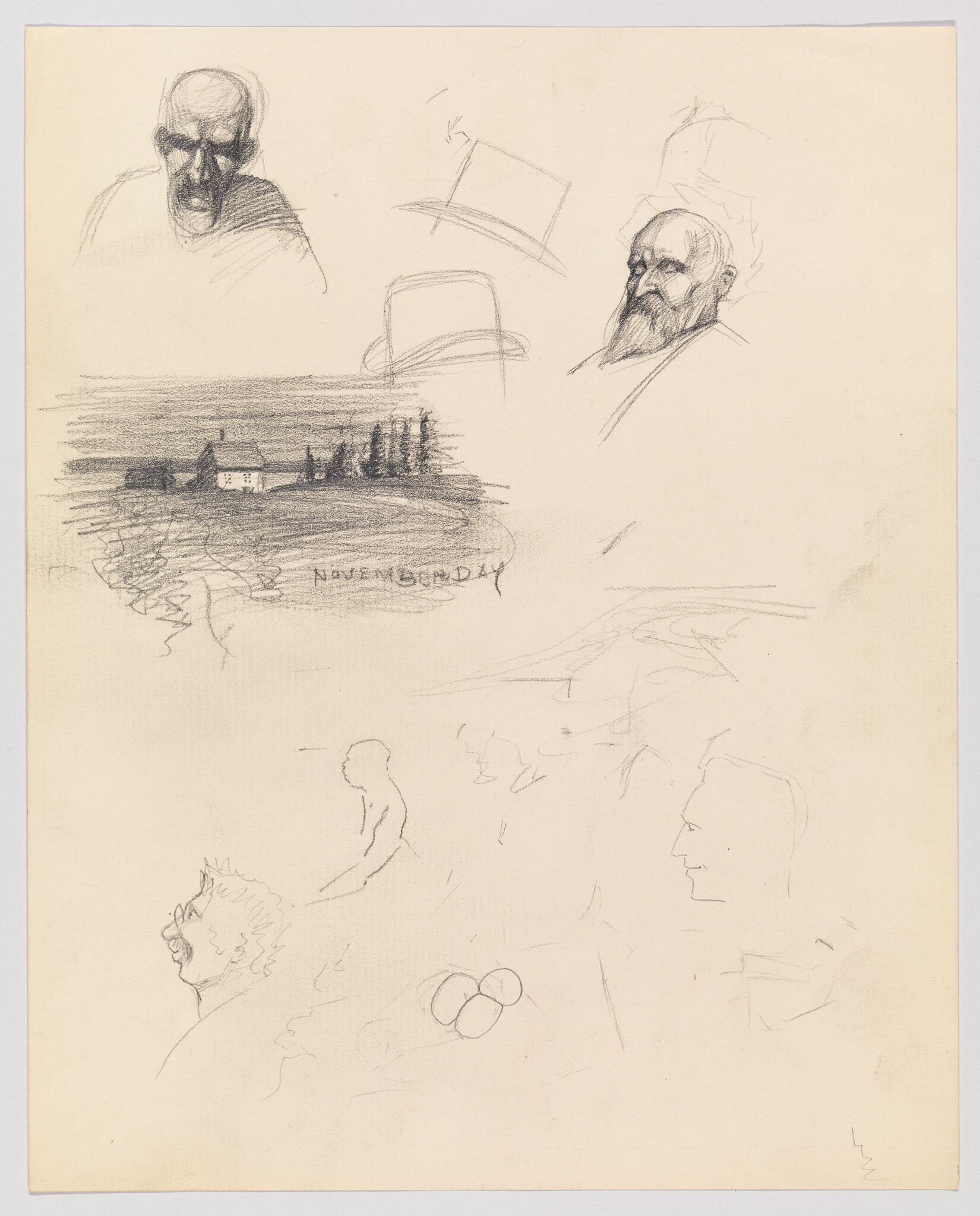 Multiple pencil sketches of heads, a small lakeside house, and hat studies labeled "November Day."