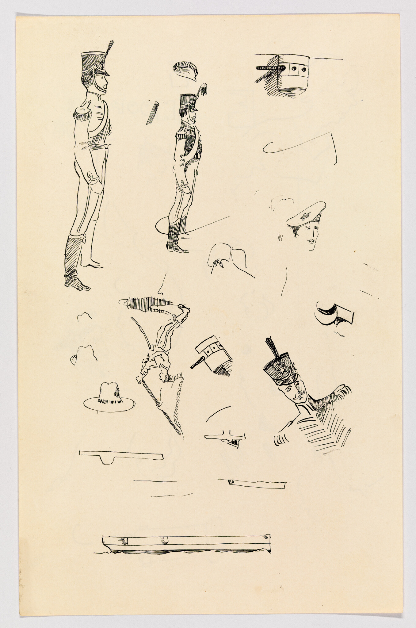 Several quick ink sketches of soldiers in tall hats and assorted hat and boot studies.