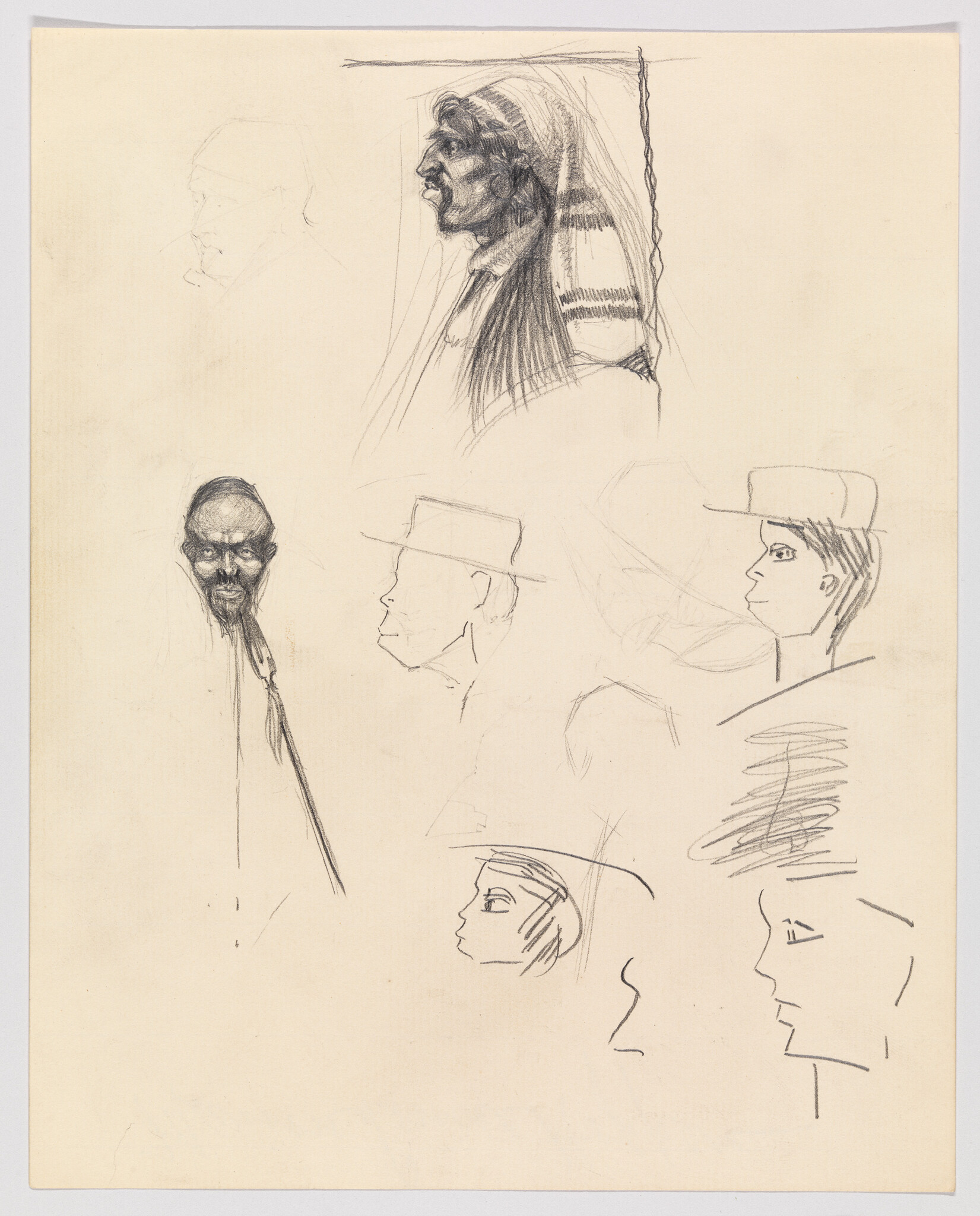 Several pencil profile sketches of different people, including a detailed man wearing a striped headscarf.