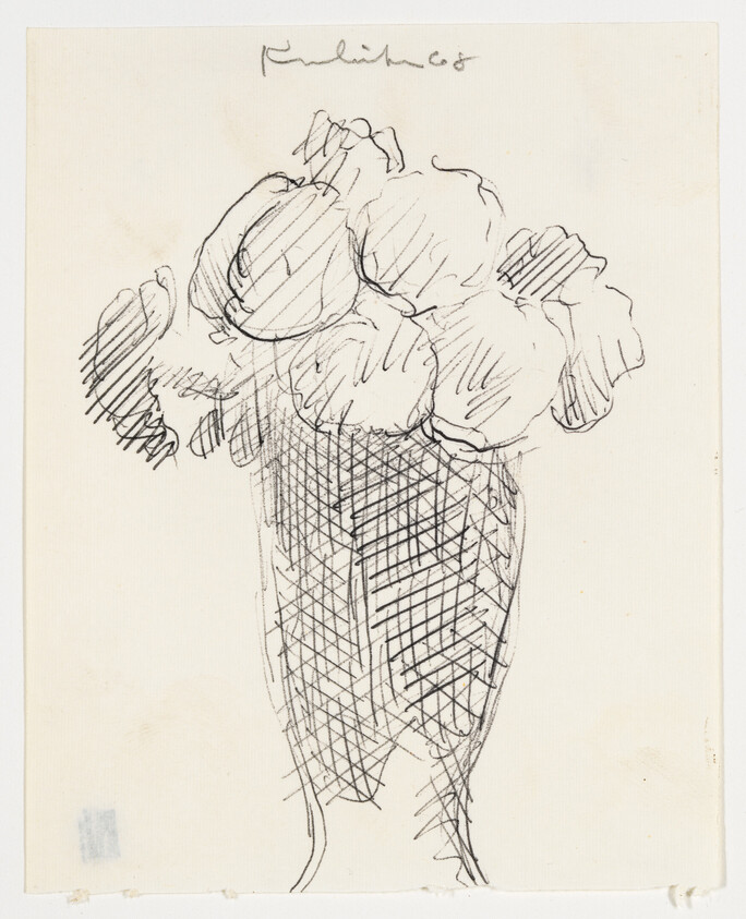 A simple pen sketch of round flowers arranged in a tall crosshatched vase.