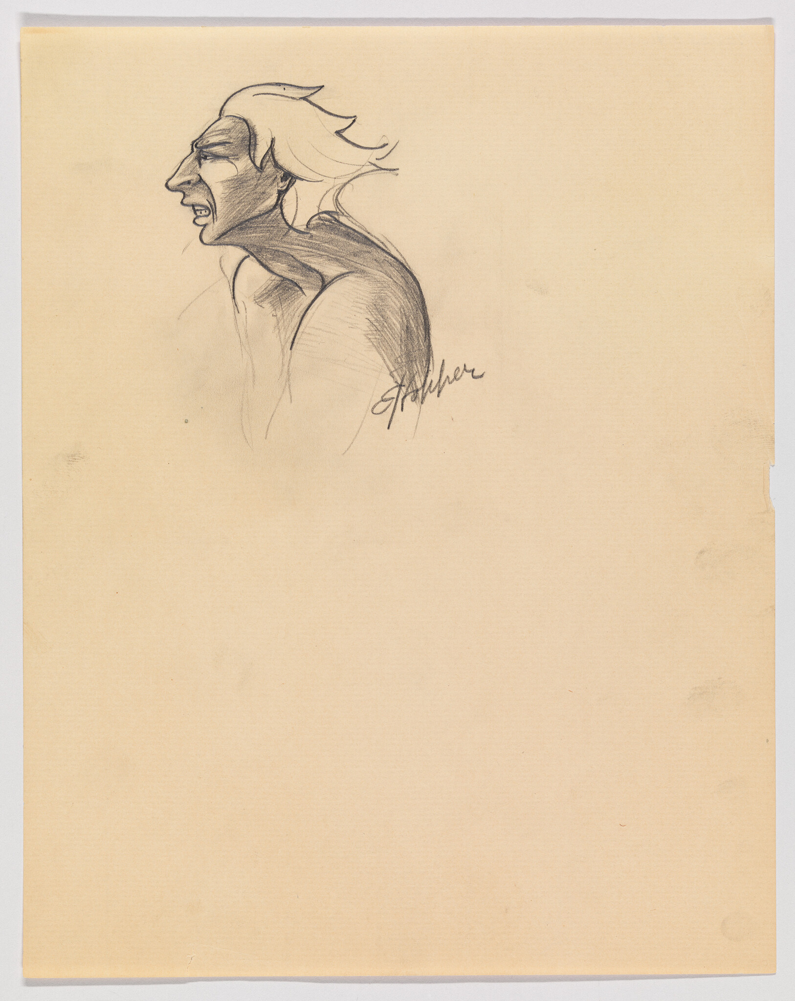 A pencil sketch of a shouting man in profile with hair swept back and tense shoulders.
