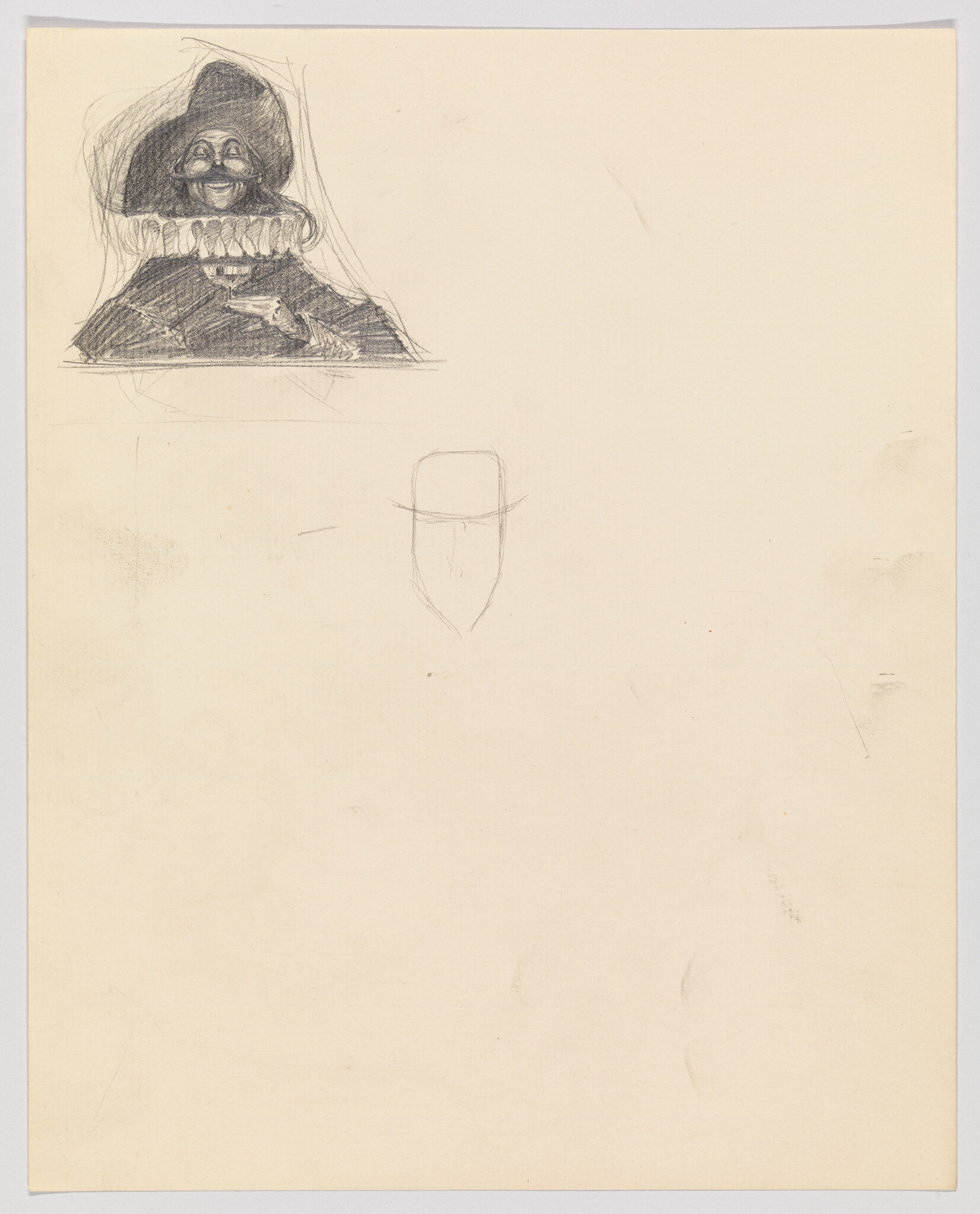 A pencil sketch of a smiling man wearing a wide hat and ruffled collar in the top left.