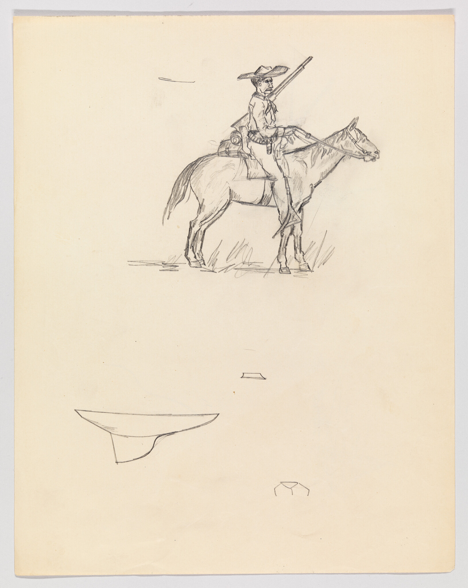 A pencil sketch of a mounted man wearing a wide-brimmed hat and carrying a rifle.