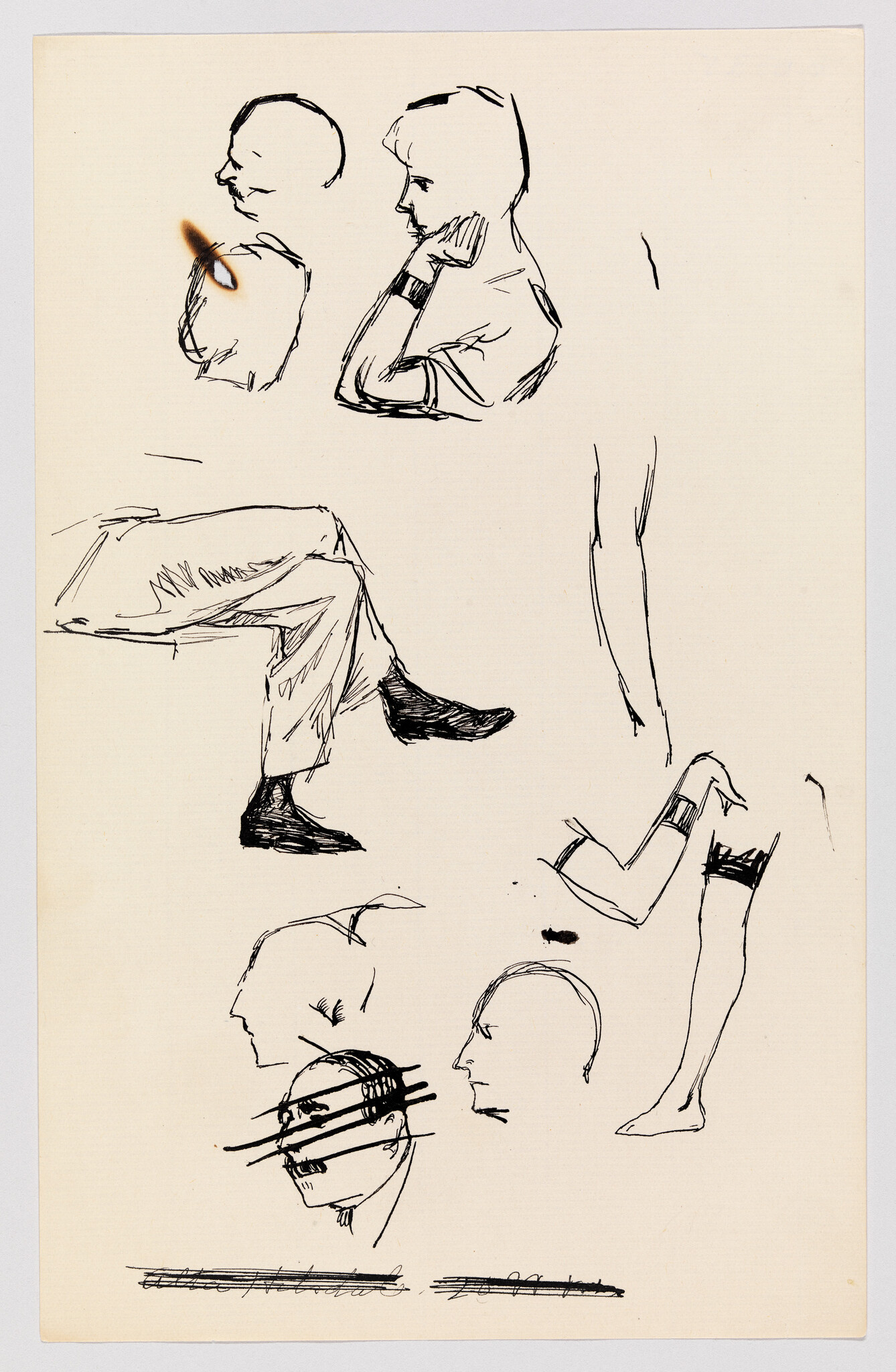 Multiple quick ink sketches of heads, arms, legs, and a seated figure showing different poses.