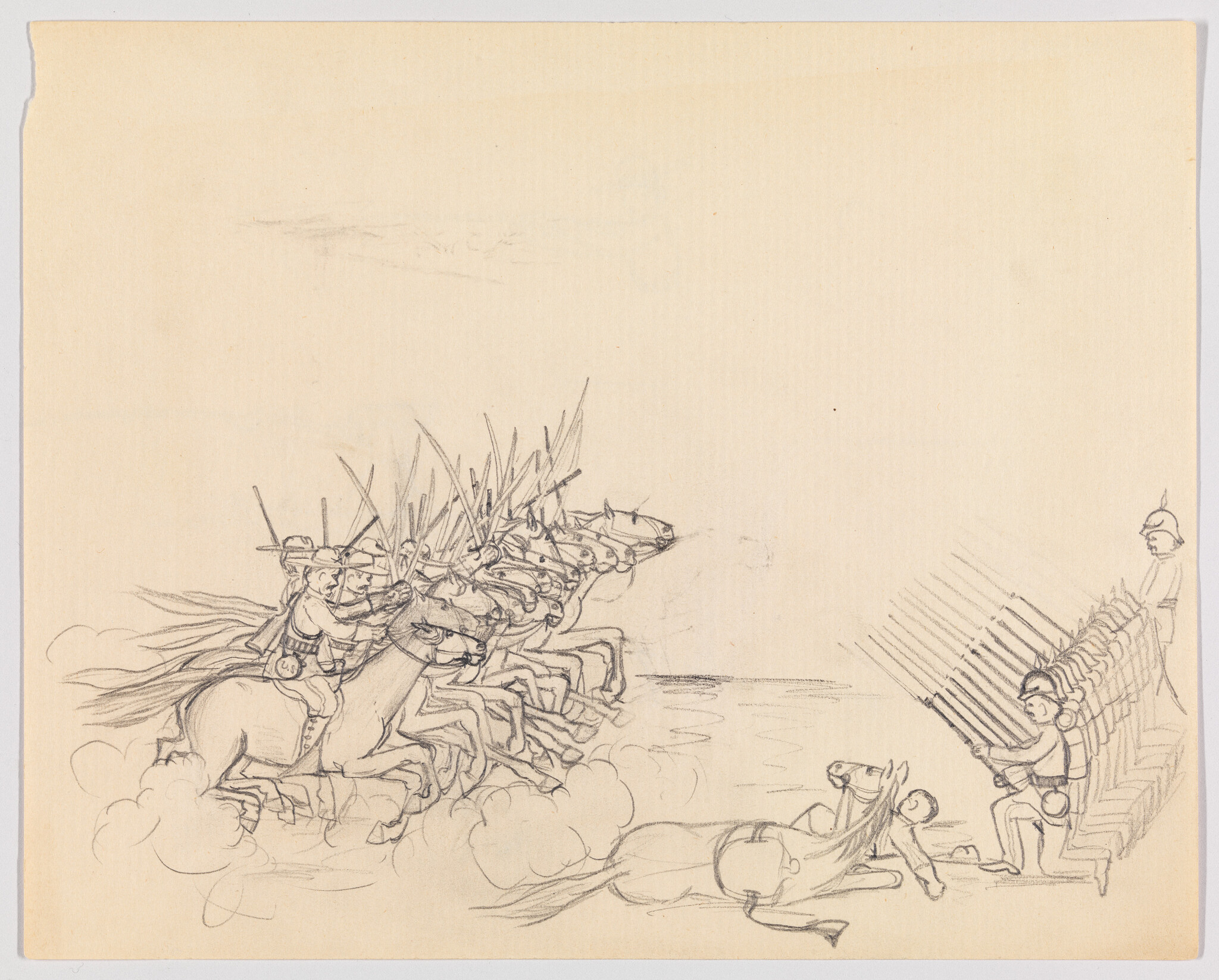 A line of cavalry charges through dust toward infantry holding rifles while a fallen horse lies nearby.