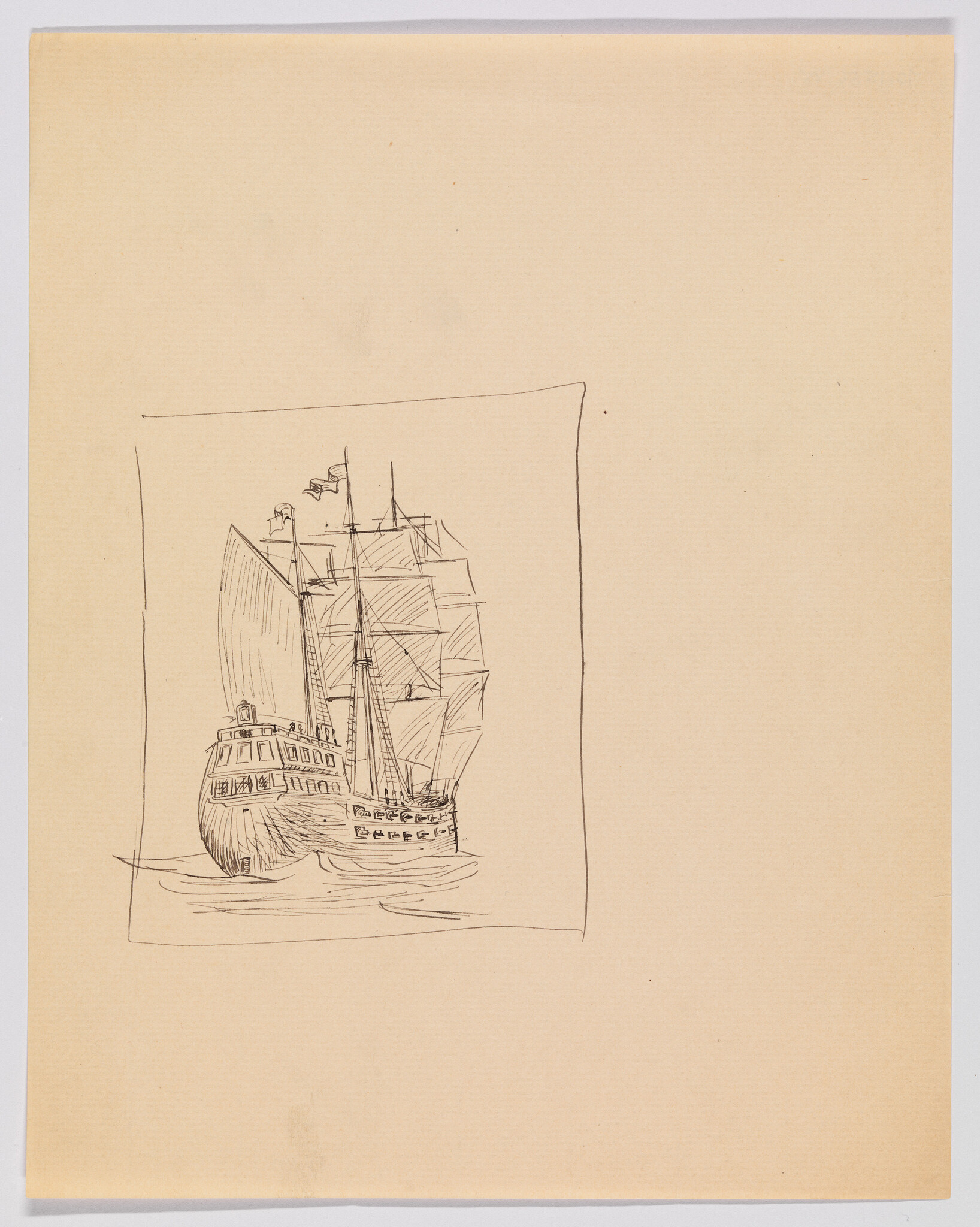 A pen sketch of a large three-masted sailing ship inside a pencil frame on blank paper.