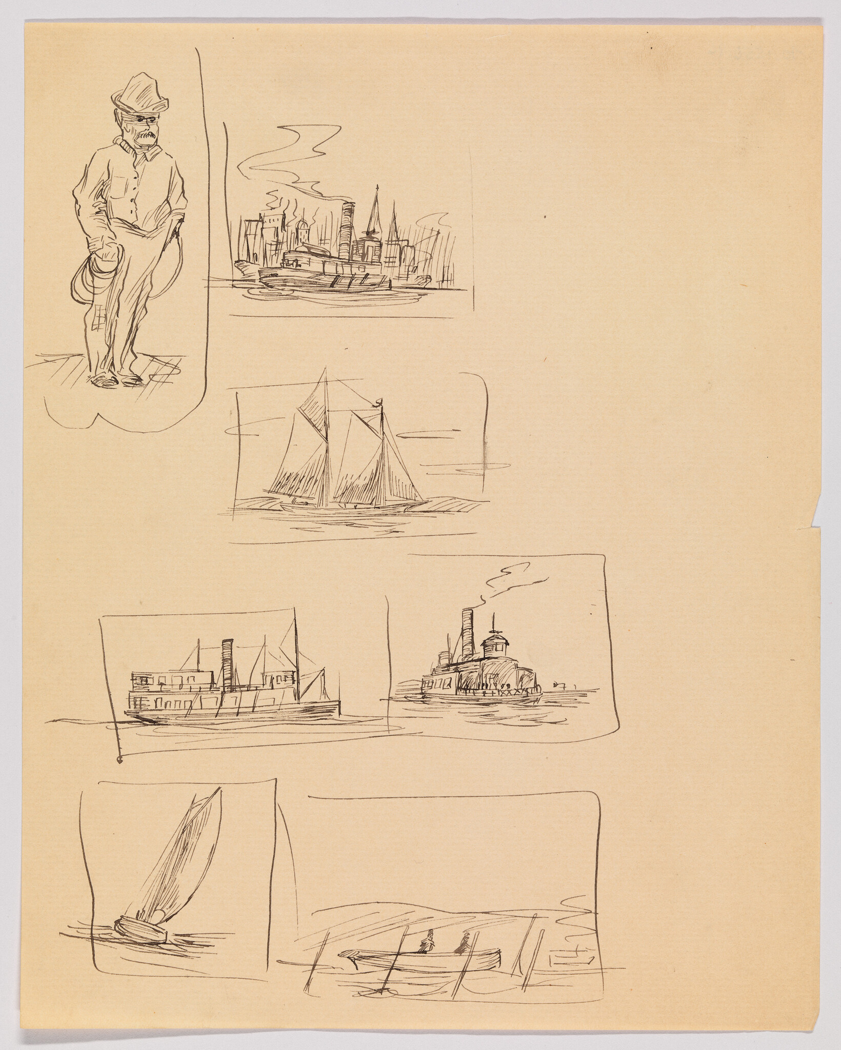 Several quick ink sketches of boats, a tug, sailboats, and a standing man.