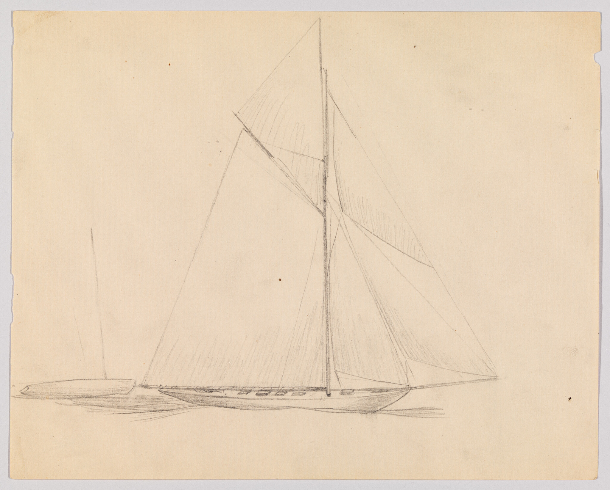 A pencil sketch of a sailing boat with a tall mast and billowing sails on calm water.