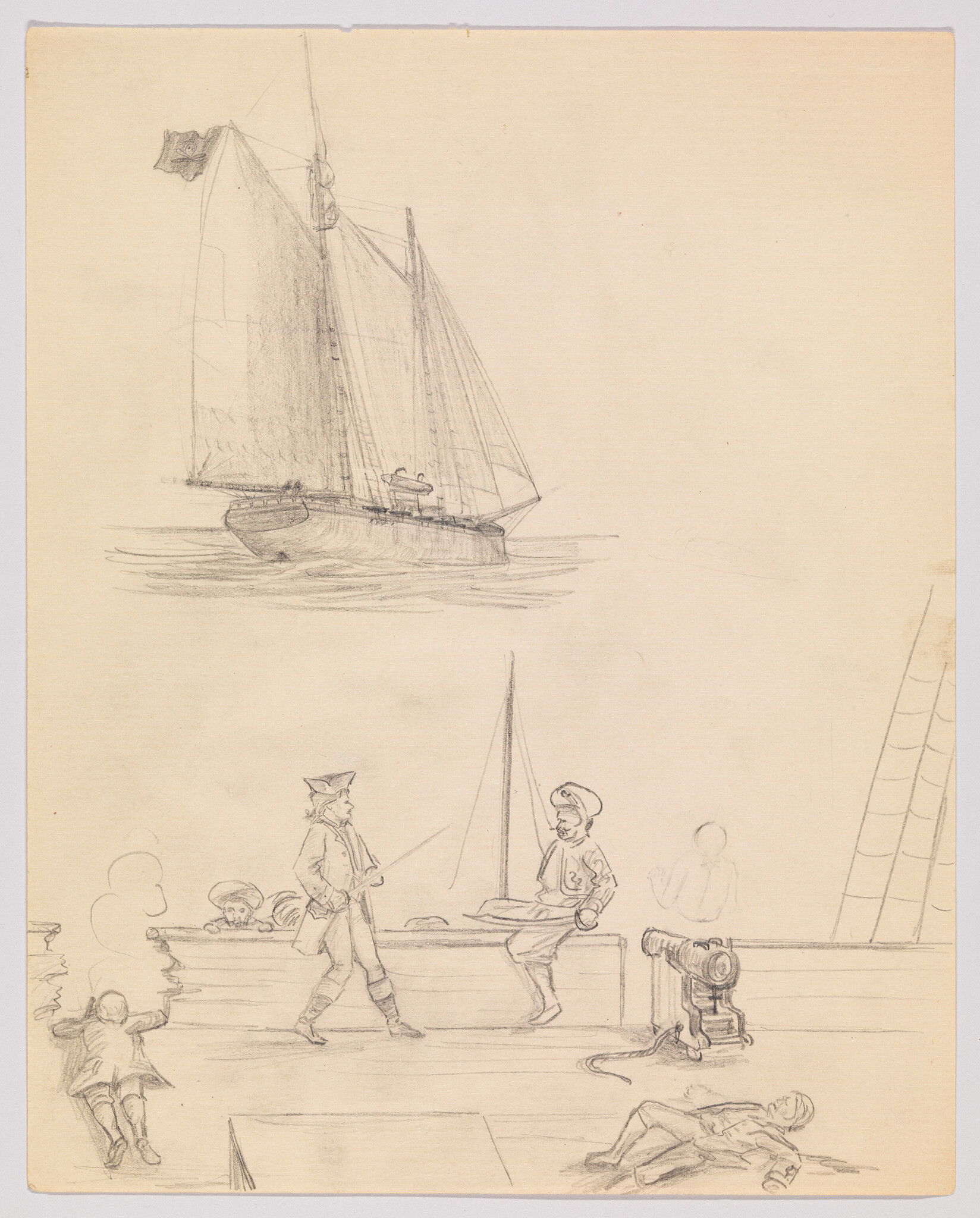 Pencil sketch on beige paper featuring maritime scenes. The top half shows a sailboat with a single mast and a flag at the stern, sailing on rippled water. Below, a dockside scene includes figures in period attire: a man in a tricorn hat walking towards a seated figure, a person reclining on the ground, and a child sitting on the edge of the dock. The drawing has a rough, unfinished quality, with visible sketch lines and shading.