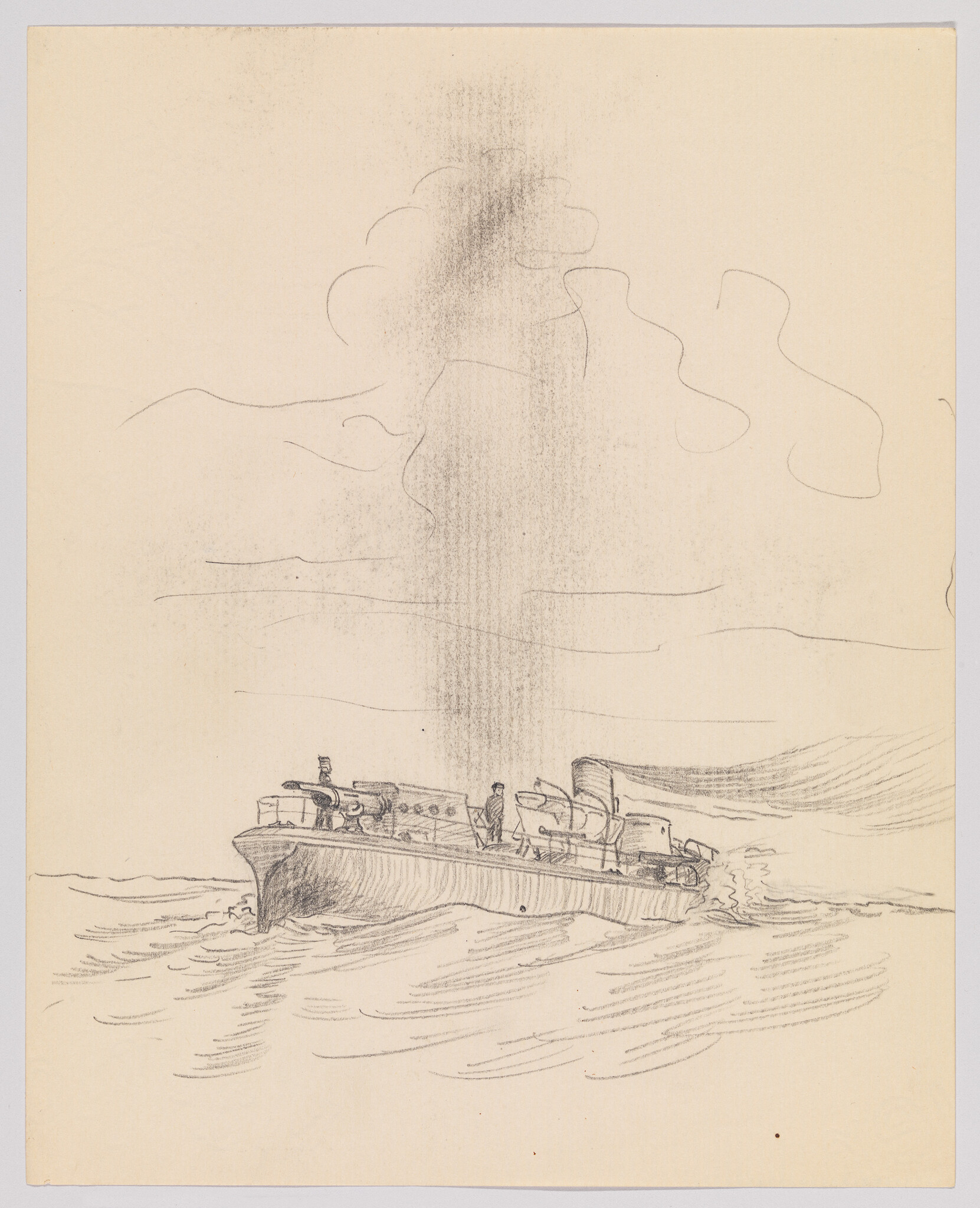A small naval launch with crew cutting through choppy water beneath a smoky sky.
