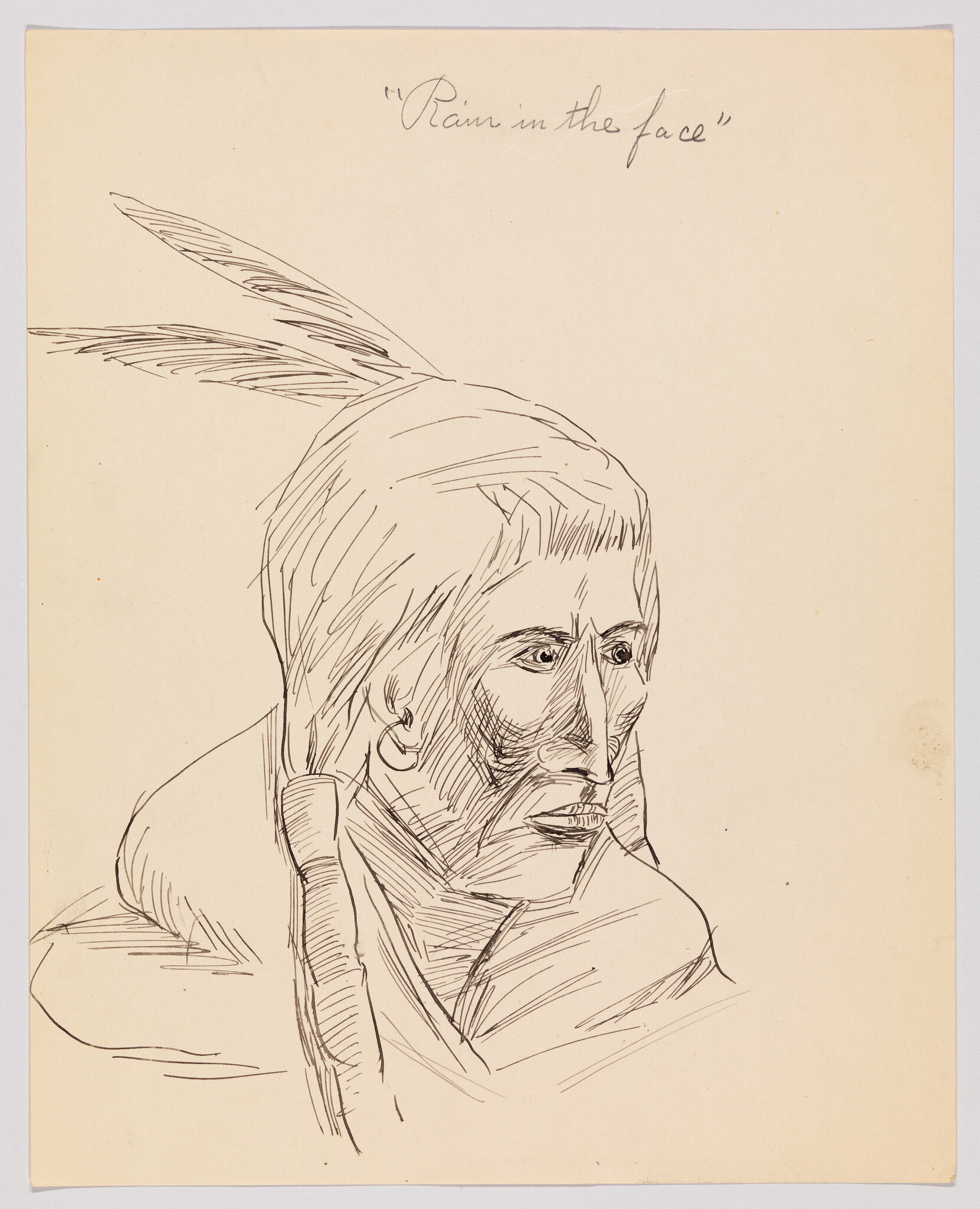 A pen sketch of a man in profile wearing feathers and a cloak, captioned "Rain in the face."