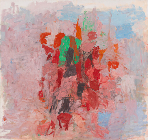 Abstract painting with thick pink and red brushstrokes and a bright green cluster at center.