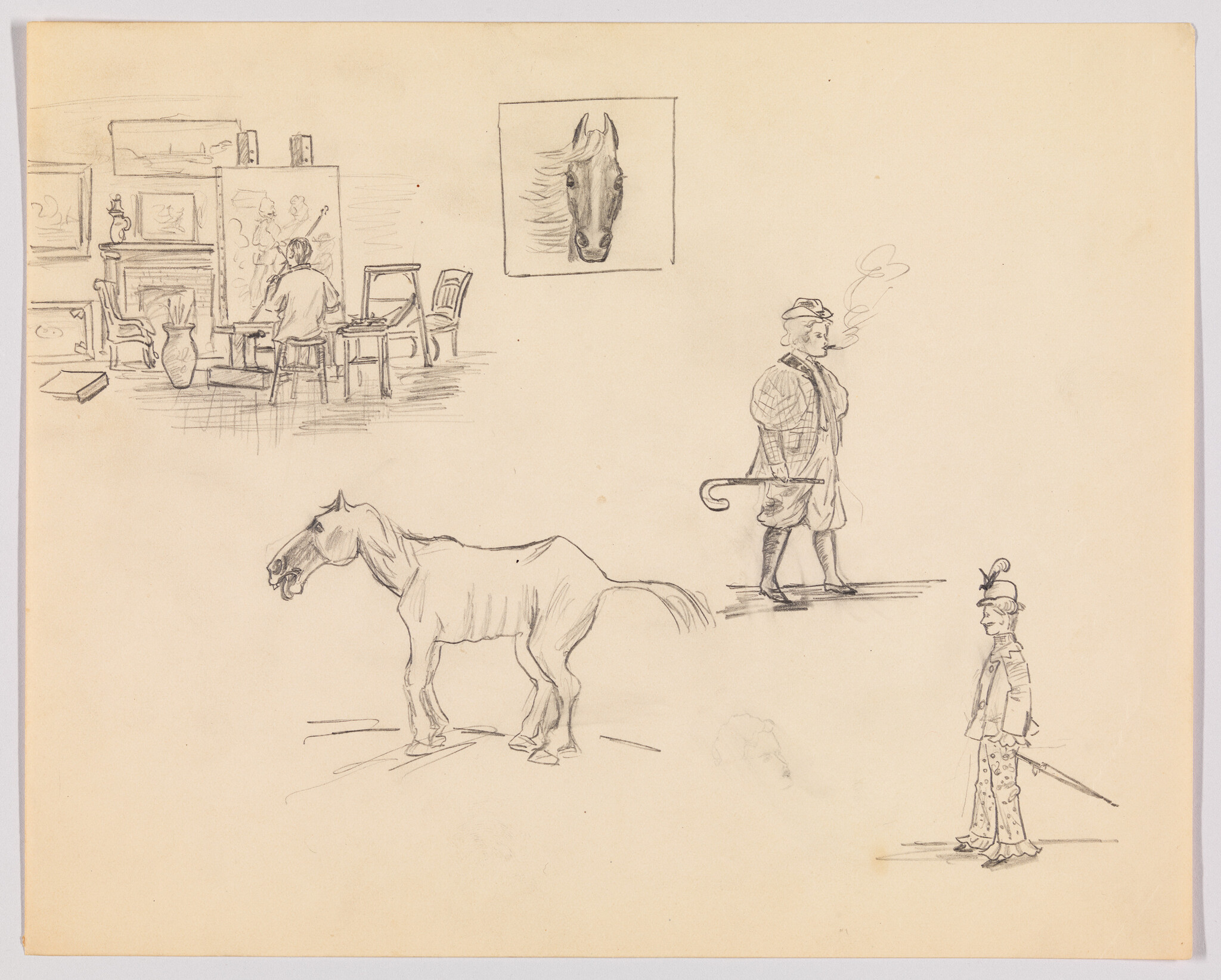 Pencil sketches showing a standing horse, a seated artist at an easel, and walking figures.