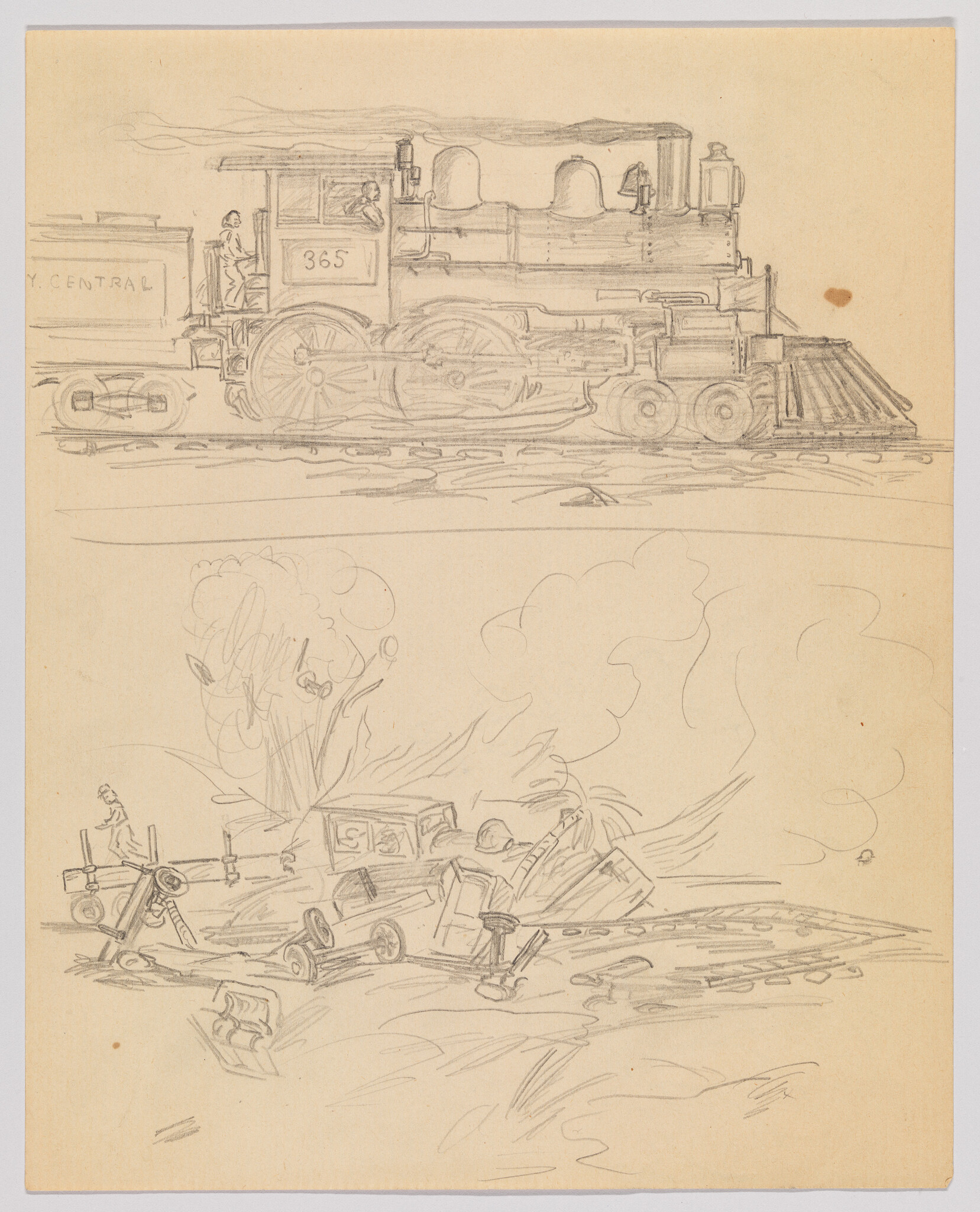A pencil sketch shows locomotive number 365 at top and a wrecked train with smoke below.