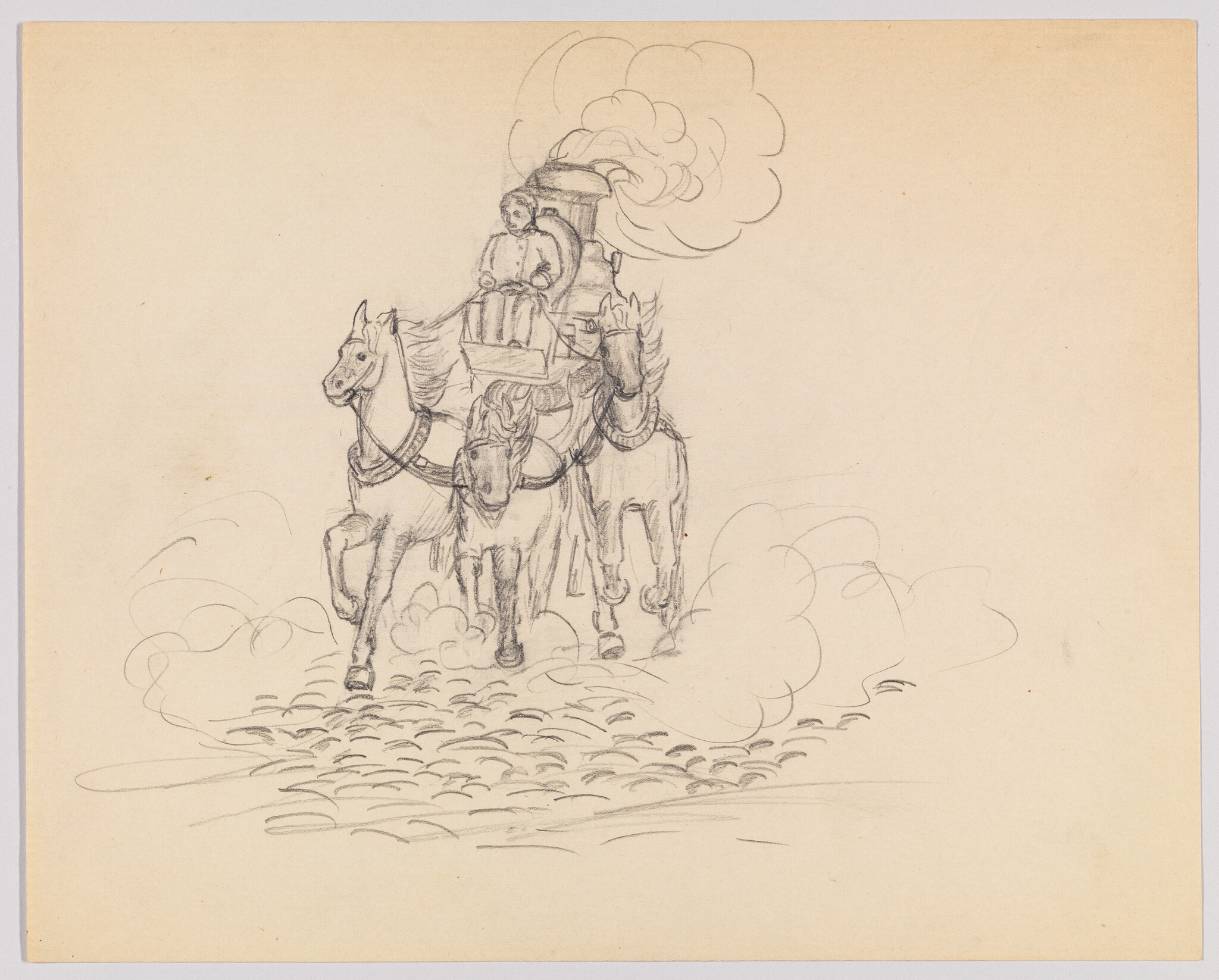 A driver guides a three-horse carriage through dust and cobbled road.