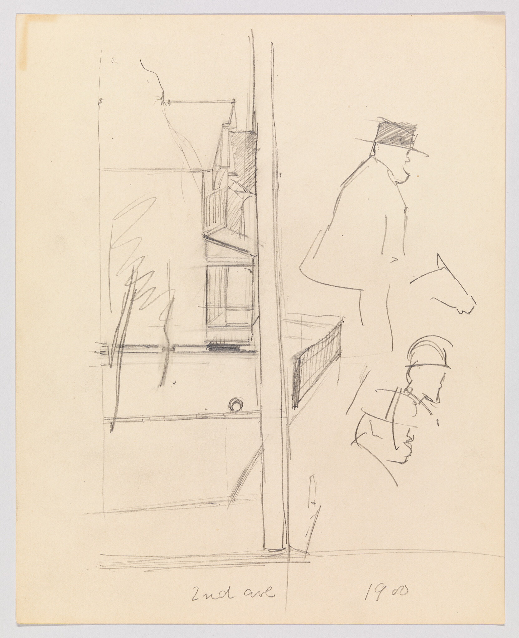 Sketch of a street scene on 2nd Ave showing a building facade, utility pole, and two men.