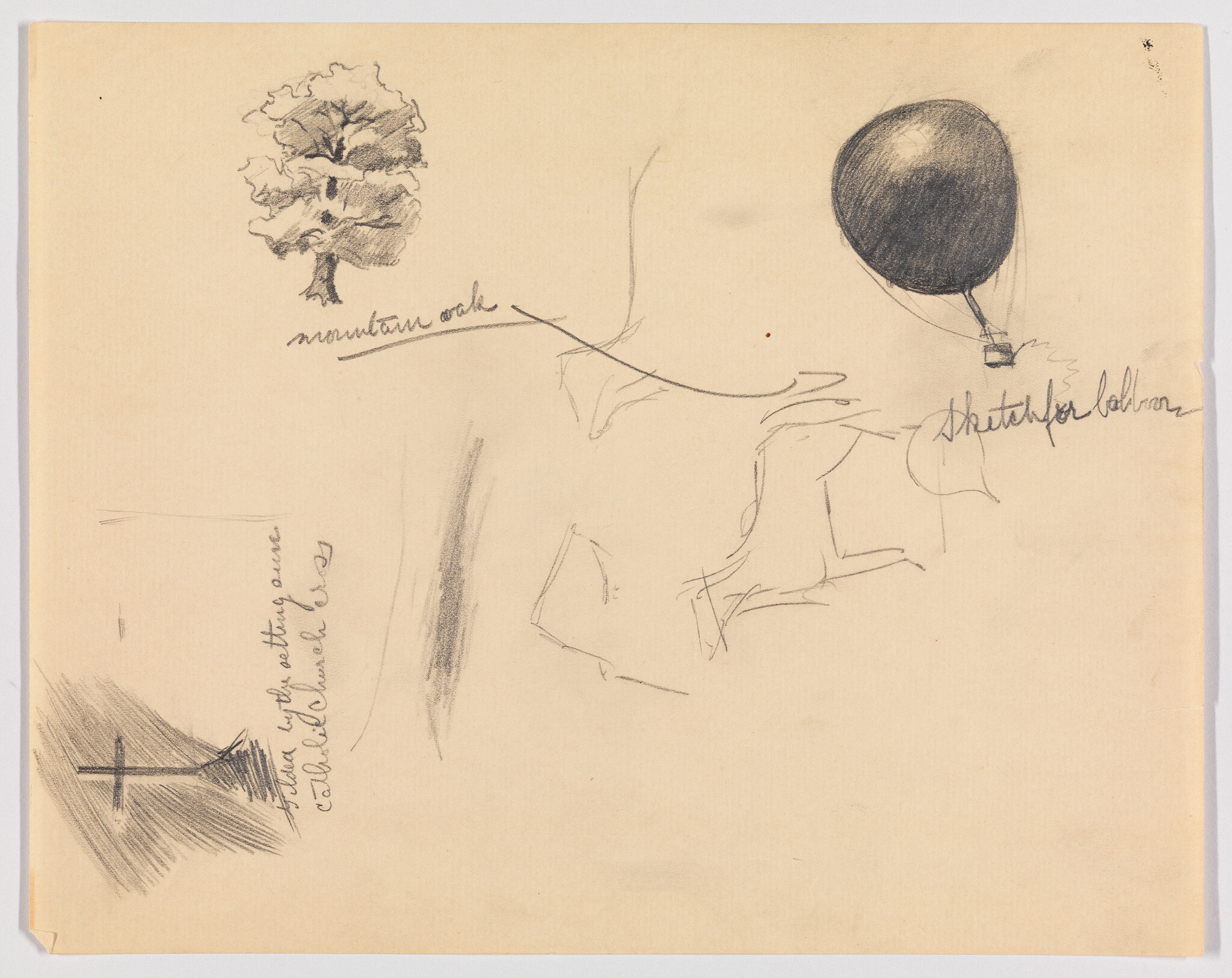Pencil sketches on paper showing a tree, a shaded balloon, and a small cross with notes.