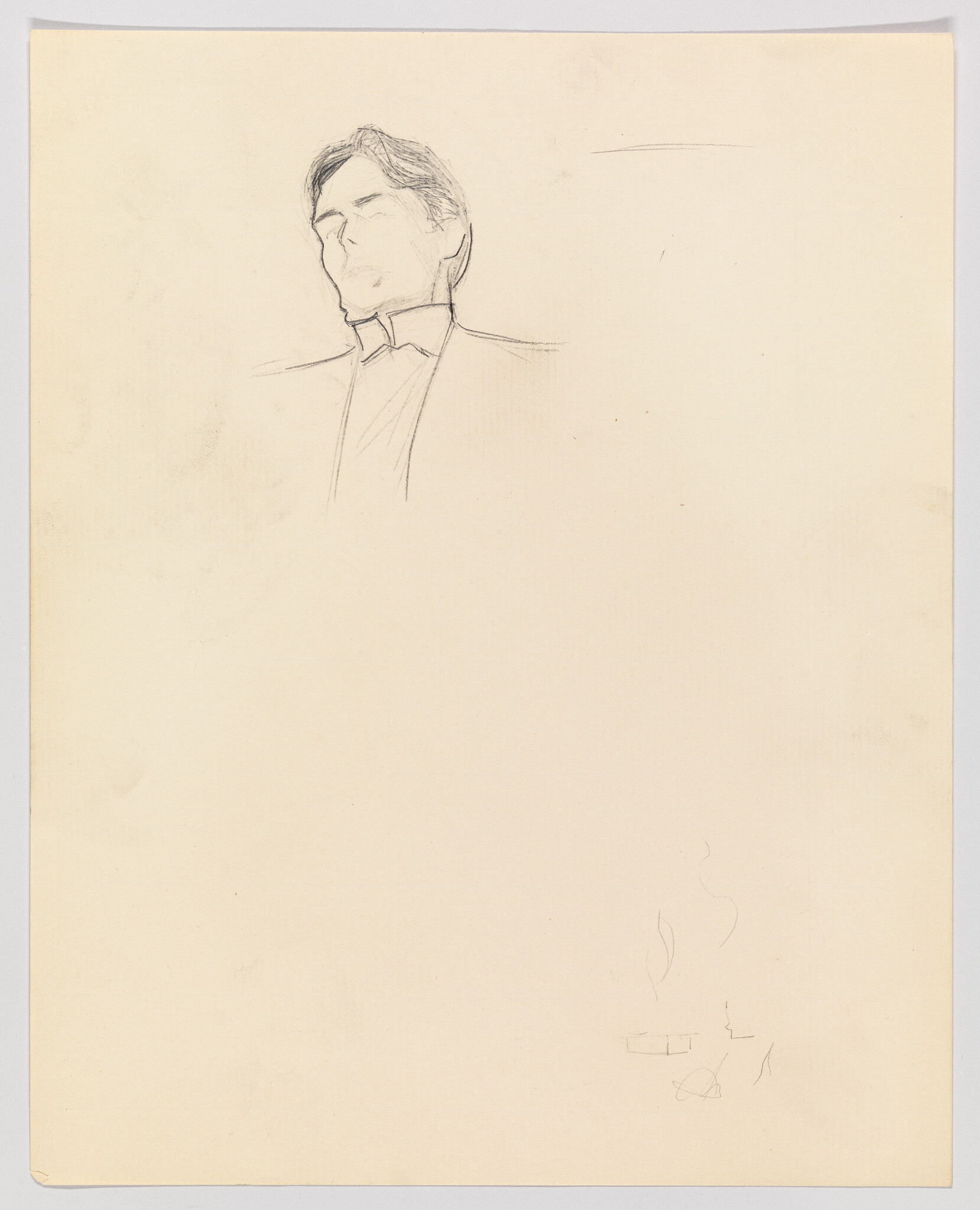 Sketch of a person's head and shoulders with minimal detail on a cream-colored paper. The figure appears to be gazing slightly upwards with closed eyes, and there are faint lines suggesting a nose and mouth. The person's hair is lightly outlined, and the collar of a shirt is visible. In the bottom right corner, there are additional light sketches, including what appears to be a candle with smoke rising from it.