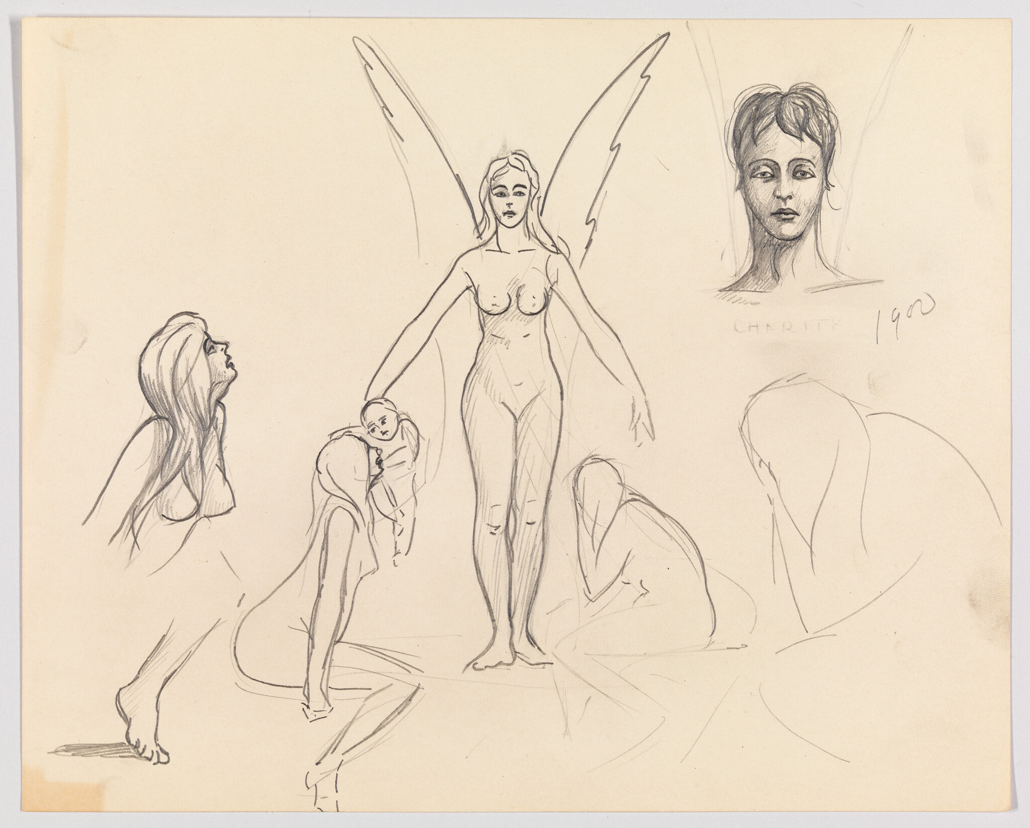 A winged female figure stands in the center as other women kneel and reach toward her.