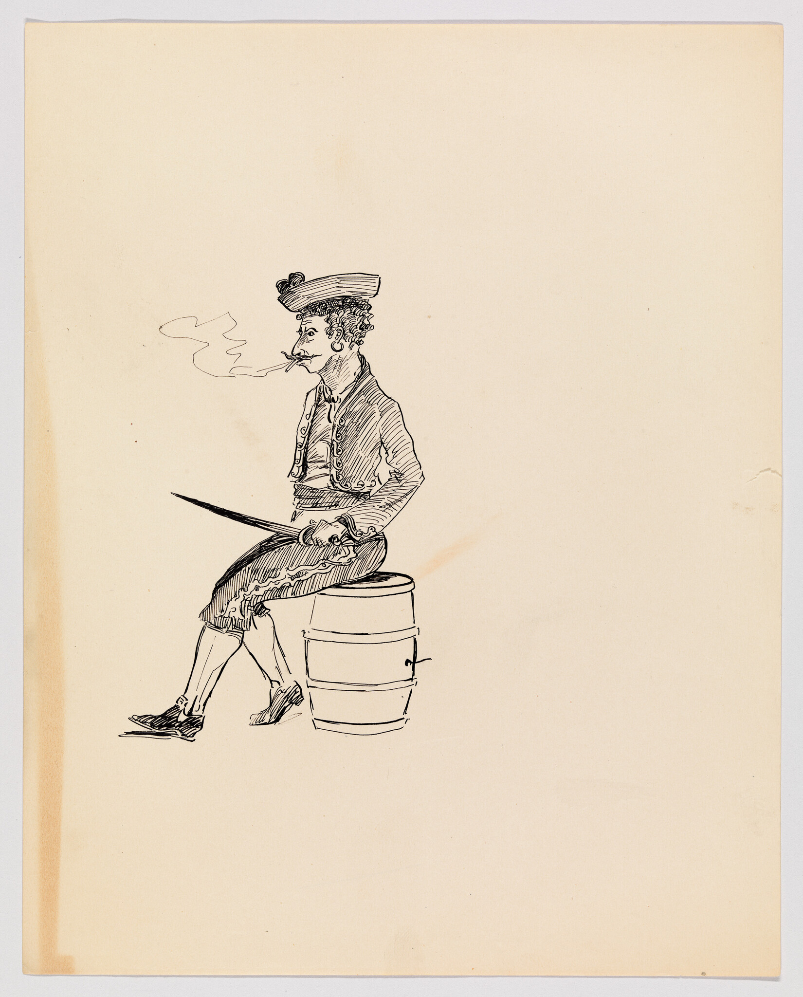 A sailor sits on a barrel smoking a cigarette while holding a sword across his lap.