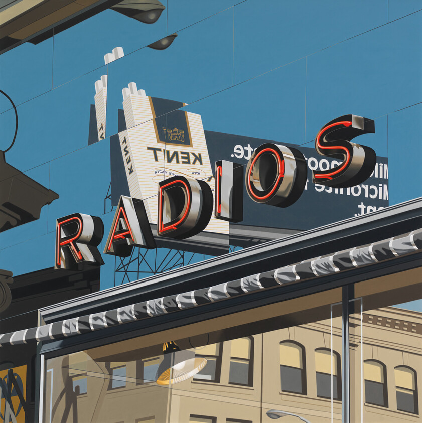 Neon 'RADIOS' sign hangs above a storefront with reflected buildings and a billboard.