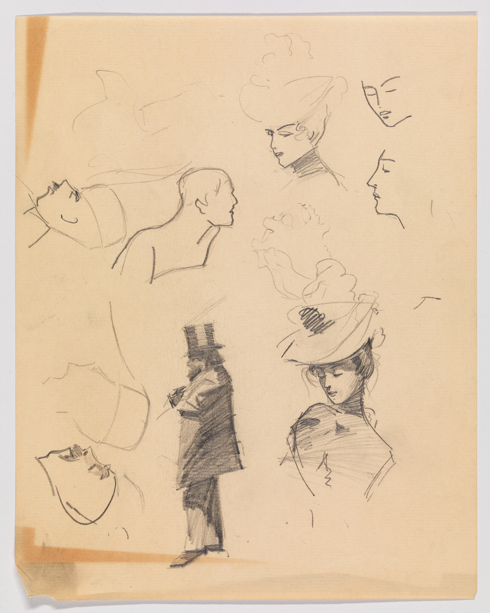 Various pencil sketches showing a standing man in a top hat and several women's head studies.