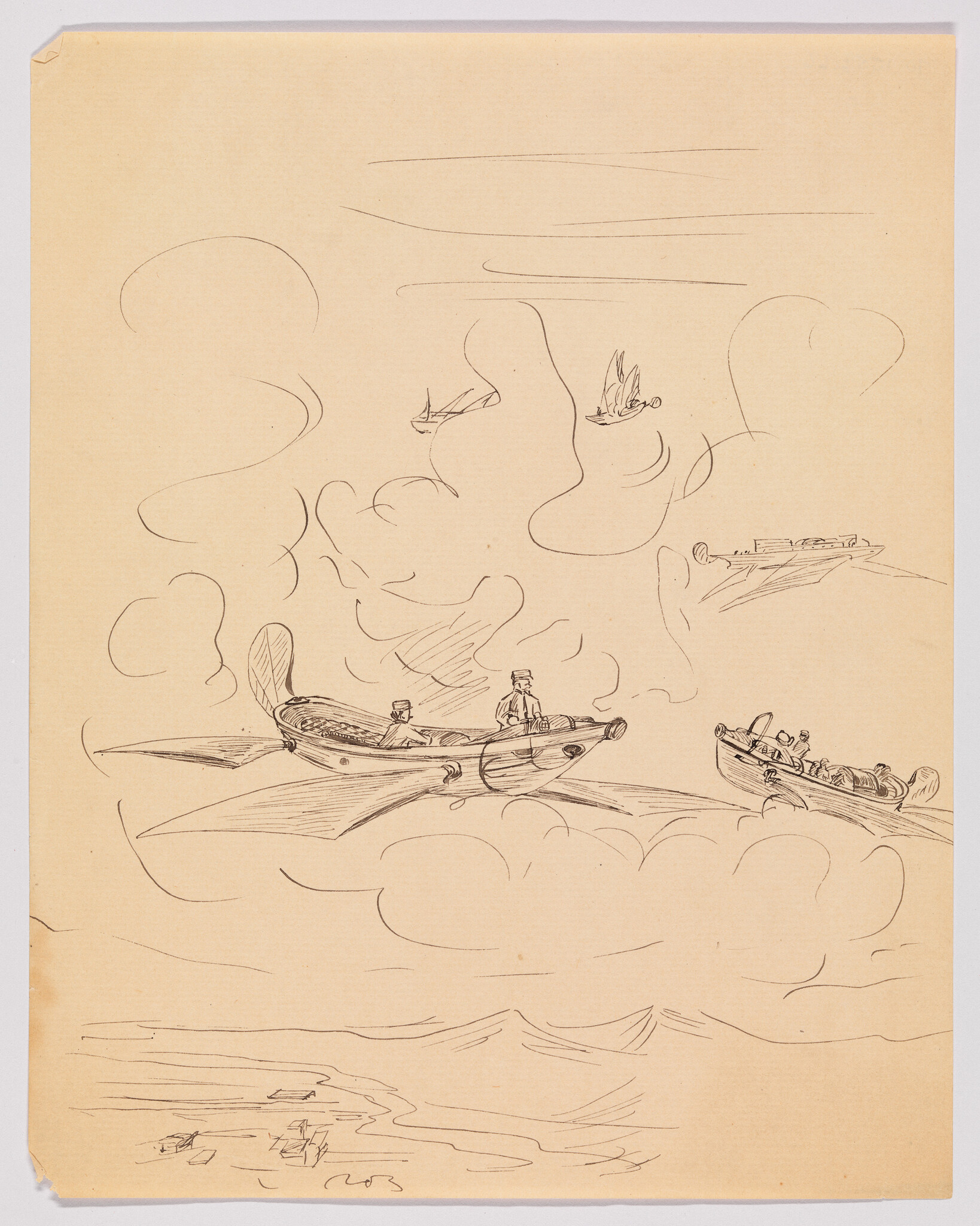 Two small boats with wing-like oars carry men as they float through clouds above the sea.