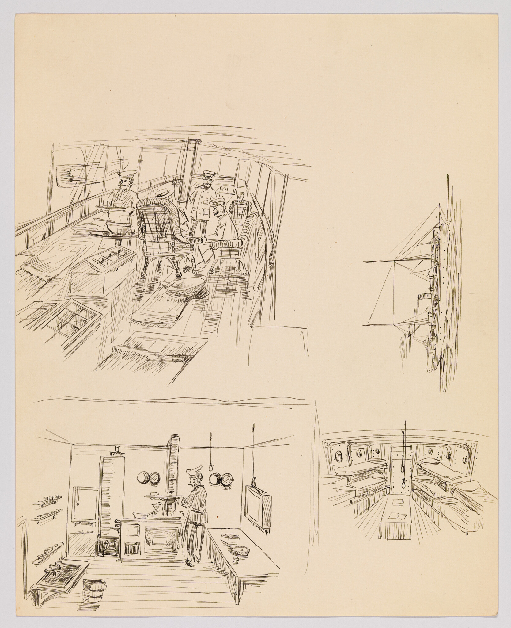 Several quick pen sketches showing ship interiors with officers dining, a sailor cooking, bunks, and a ship profile.