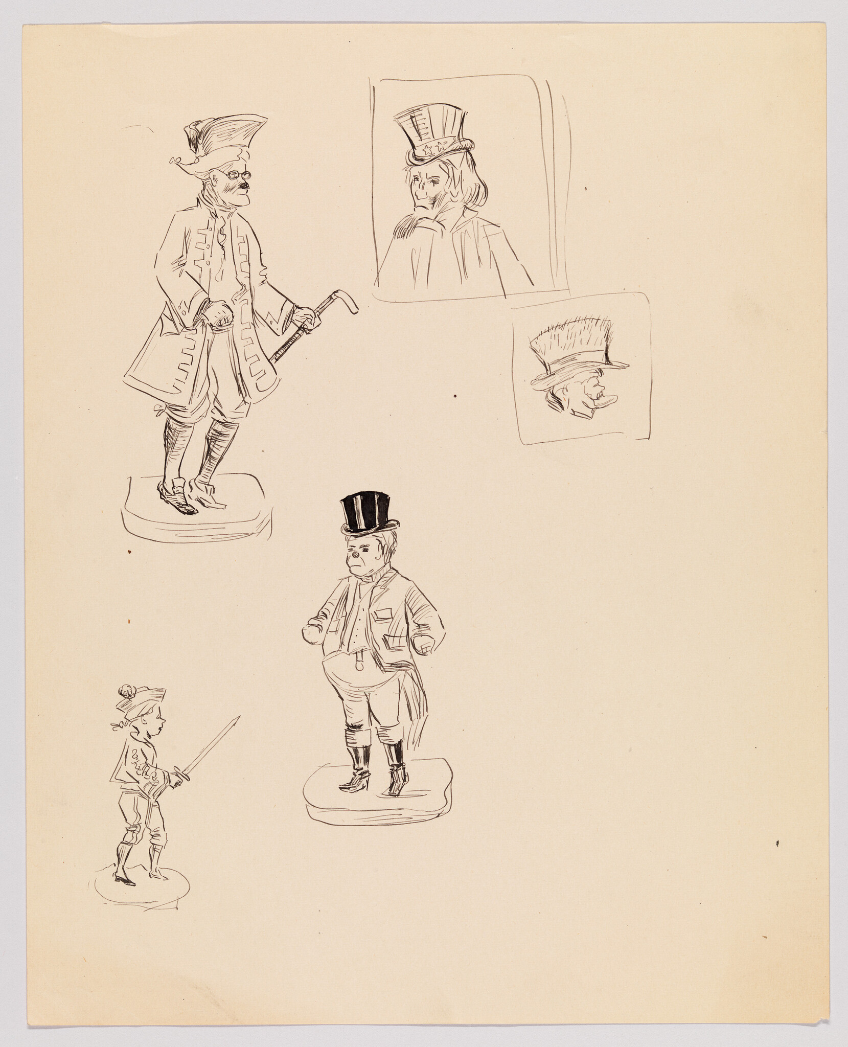 Several ink sketches of small figures wearing top hats and period clothing arranged on blank paper.