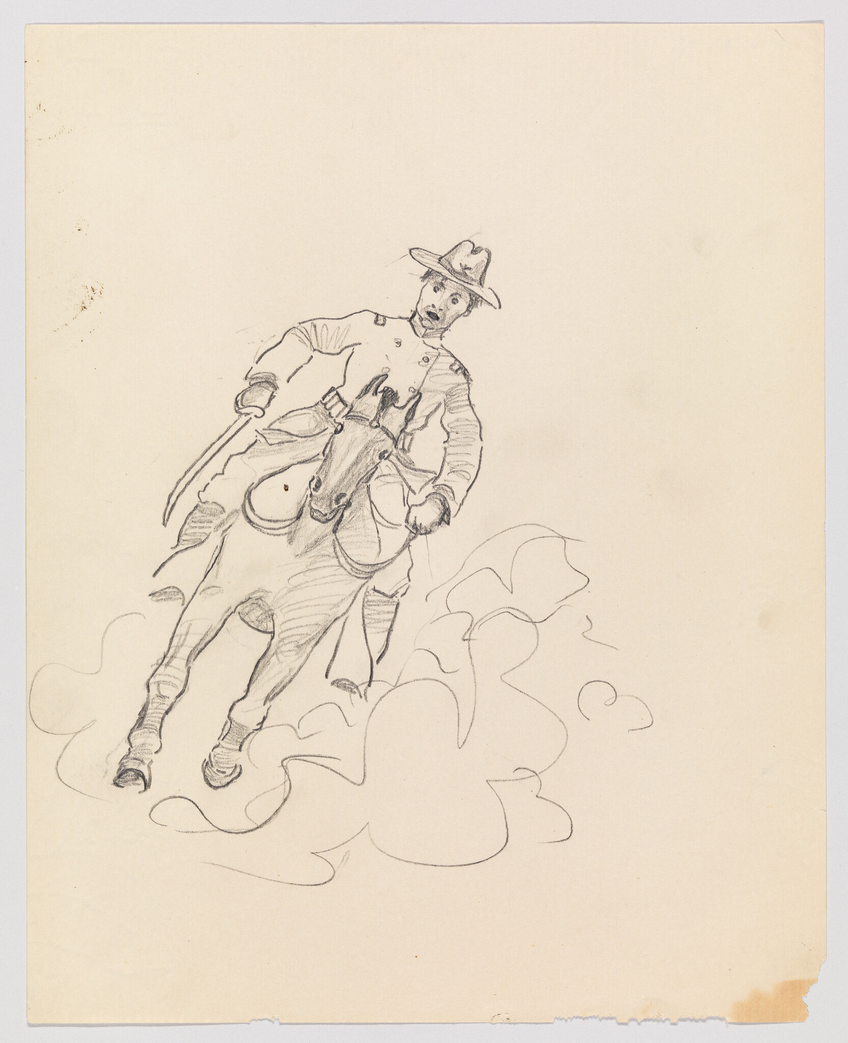 A mounted soldier wearing a hat charges forward on a galloping horse kicking up dust.