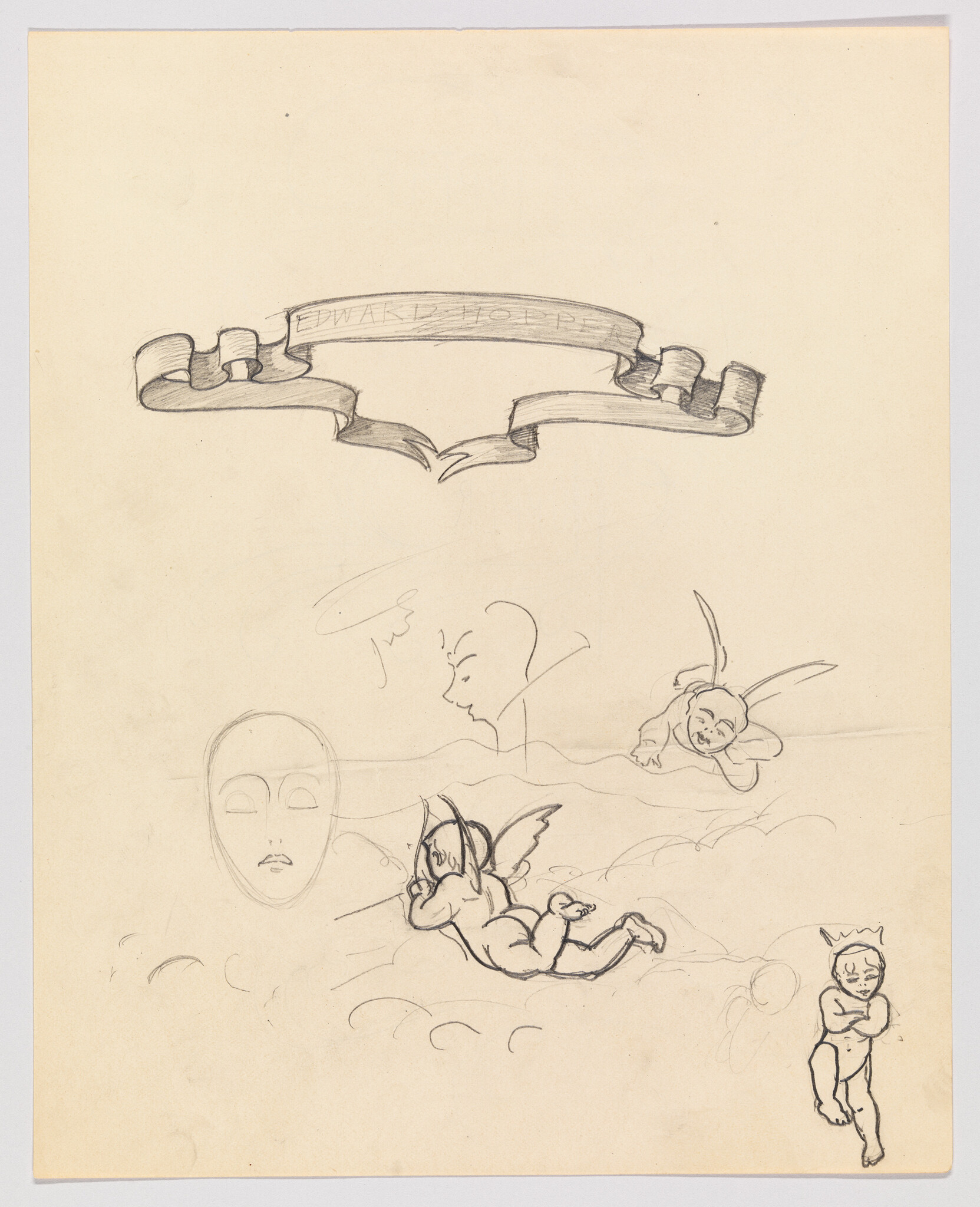 A pencil drawing of cherubic figures and a ribbon banner labeled Edward Hopper above fluffy clouds.