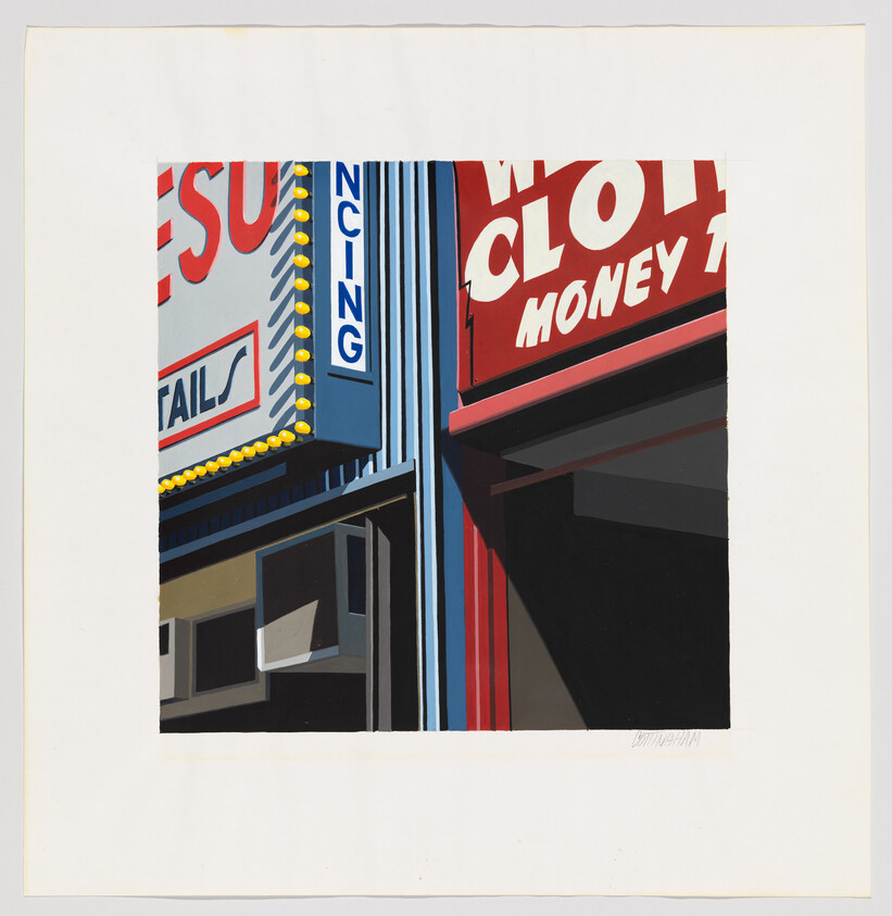 Bright storefront corner with red clothing sign and vertical blue sign reading Dancing.