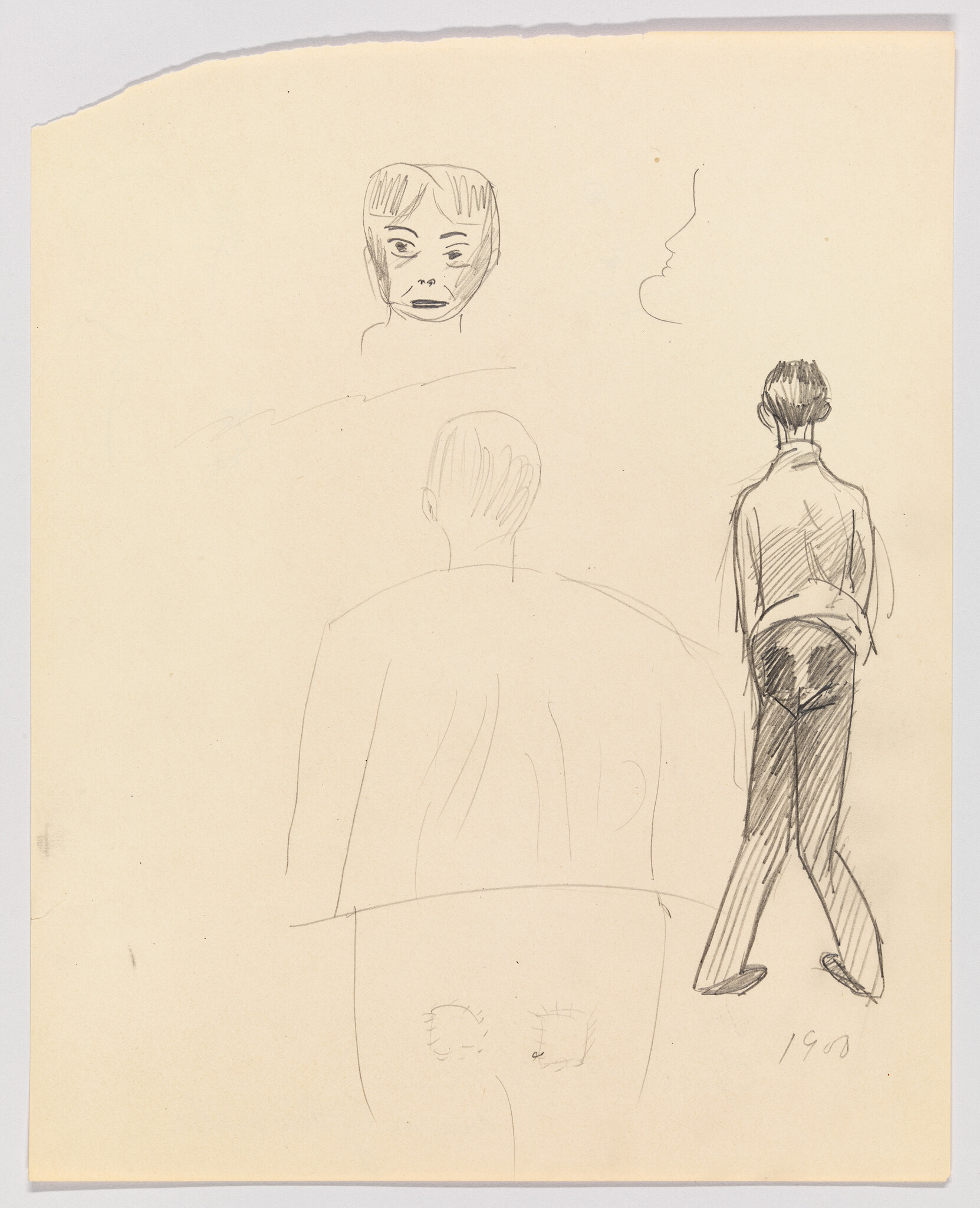 Multiple pencil sketches of a person from the back, including a full walking figure and head studies.