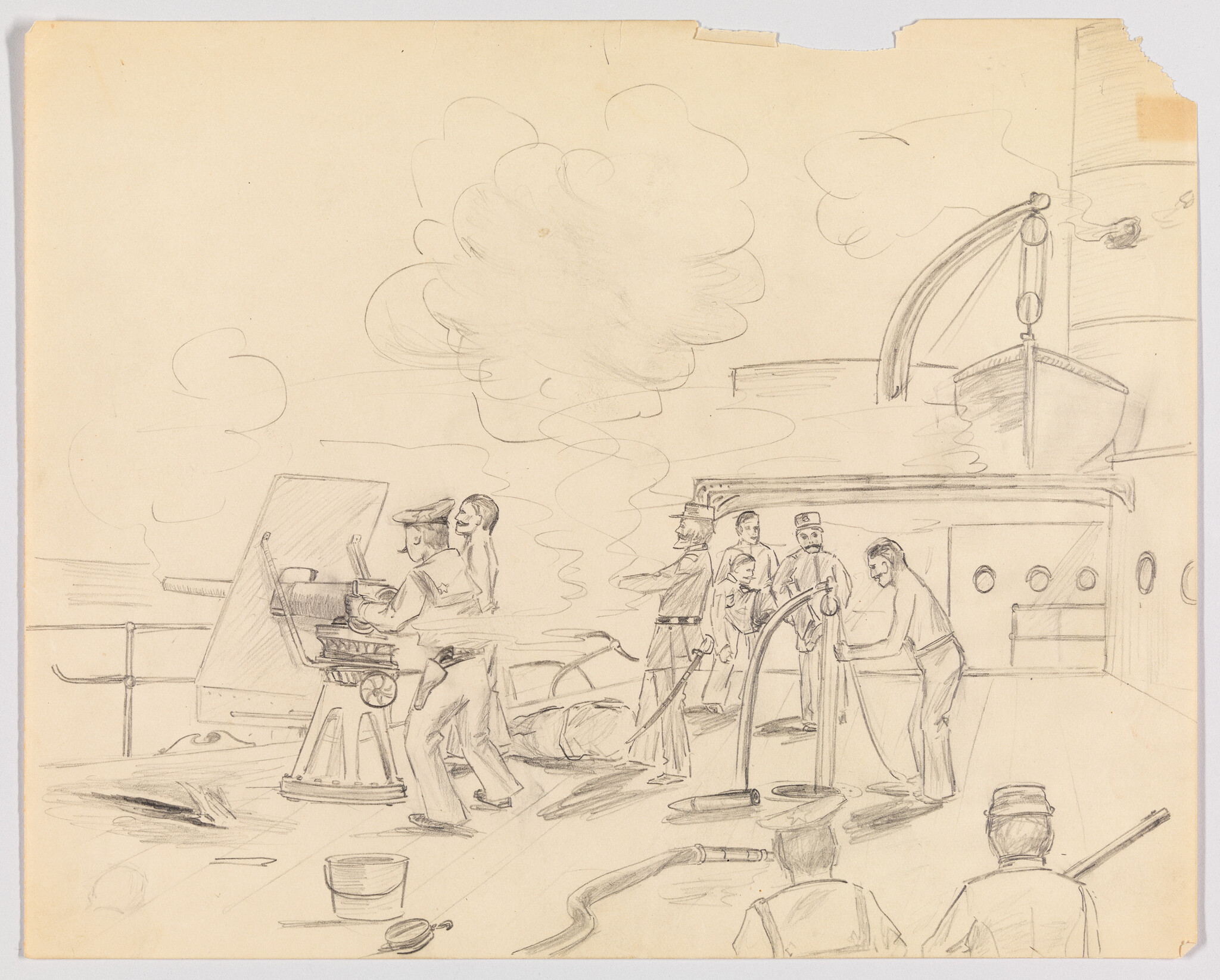 Sailors on a ship deck operate a mounted gun and handle hoses while smoke rises.