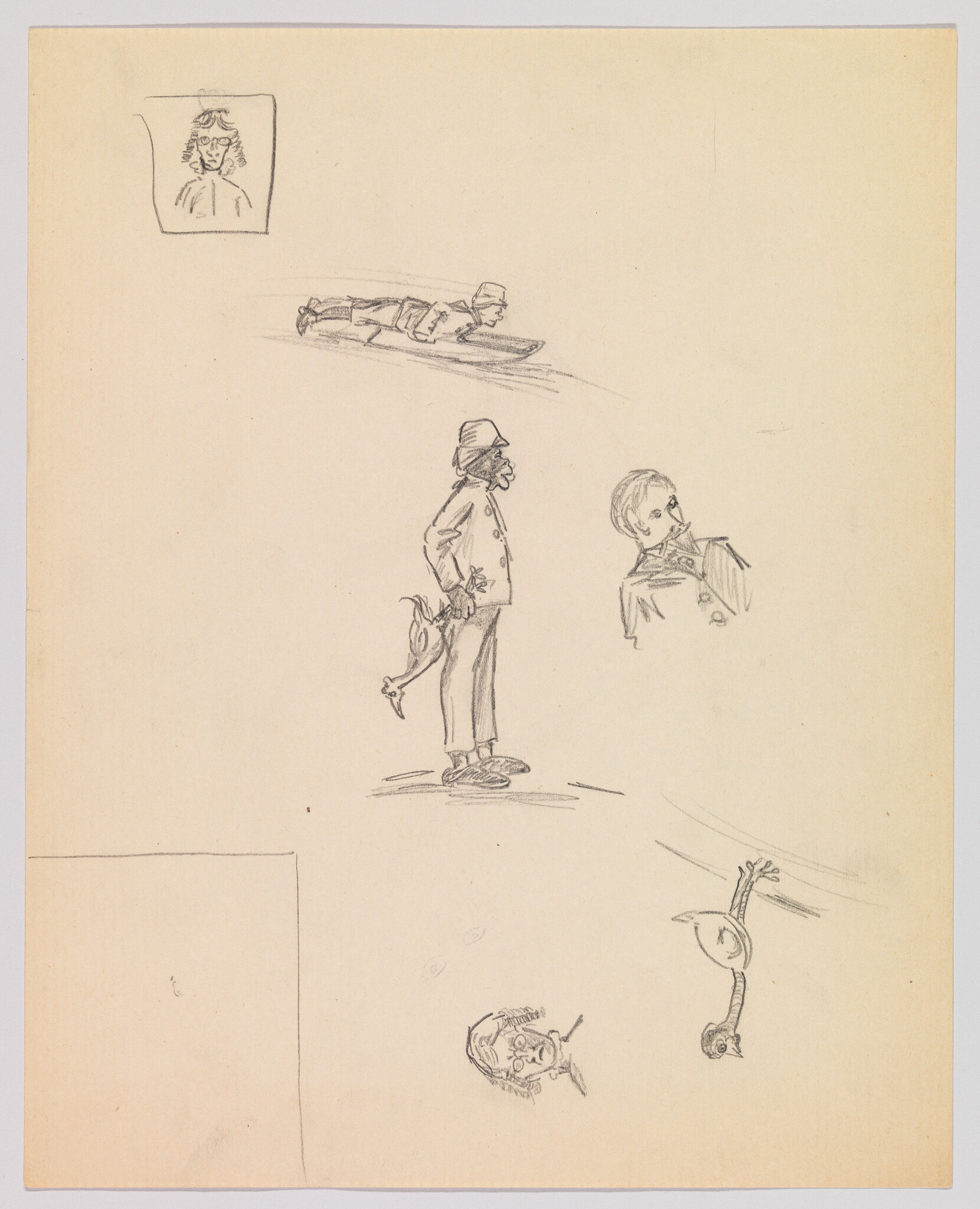 A bearded man in a hat stands with his hands behind his back holding a small bird.