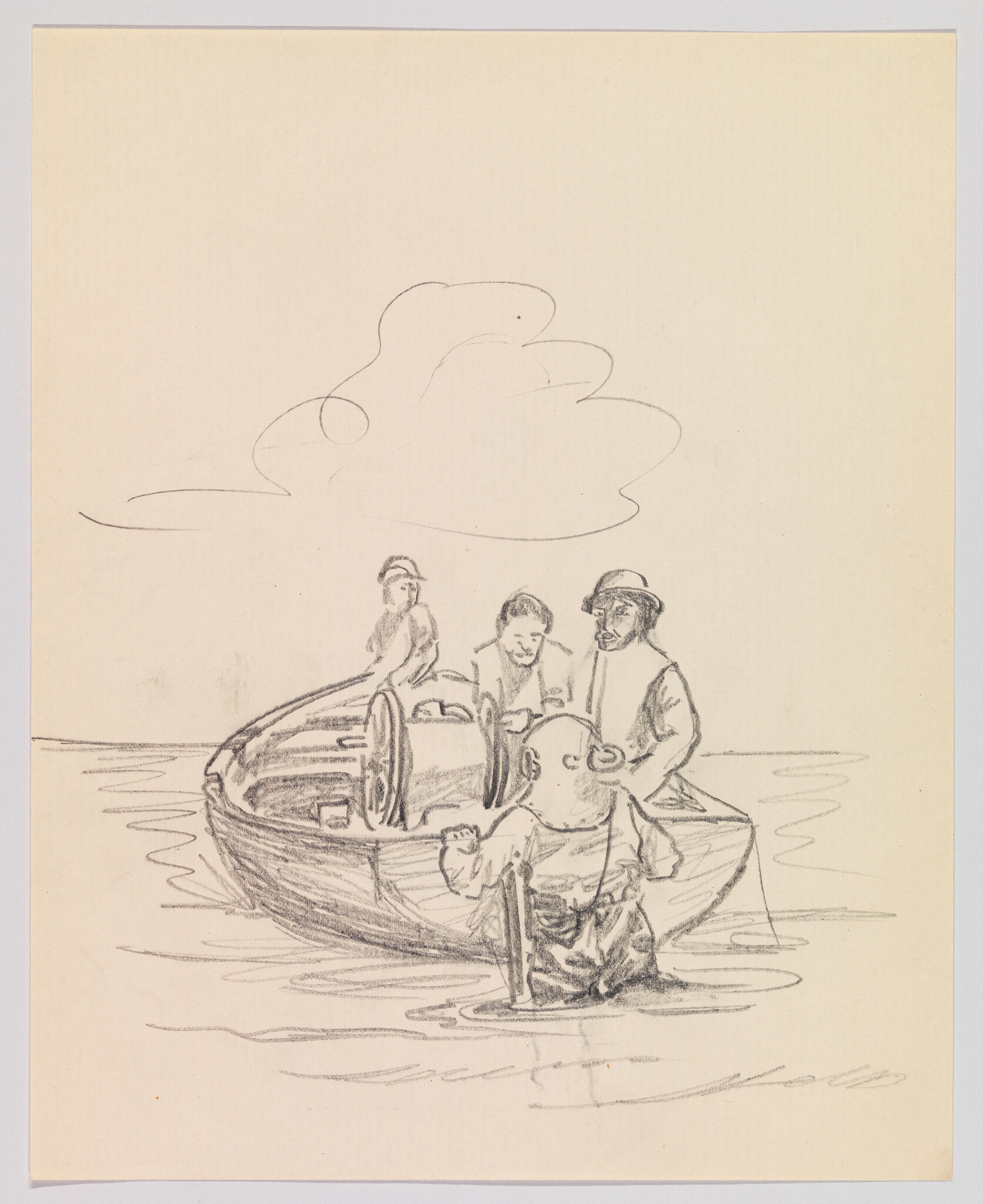 A man wades into shallow water toward a small rowboat carrying three people.