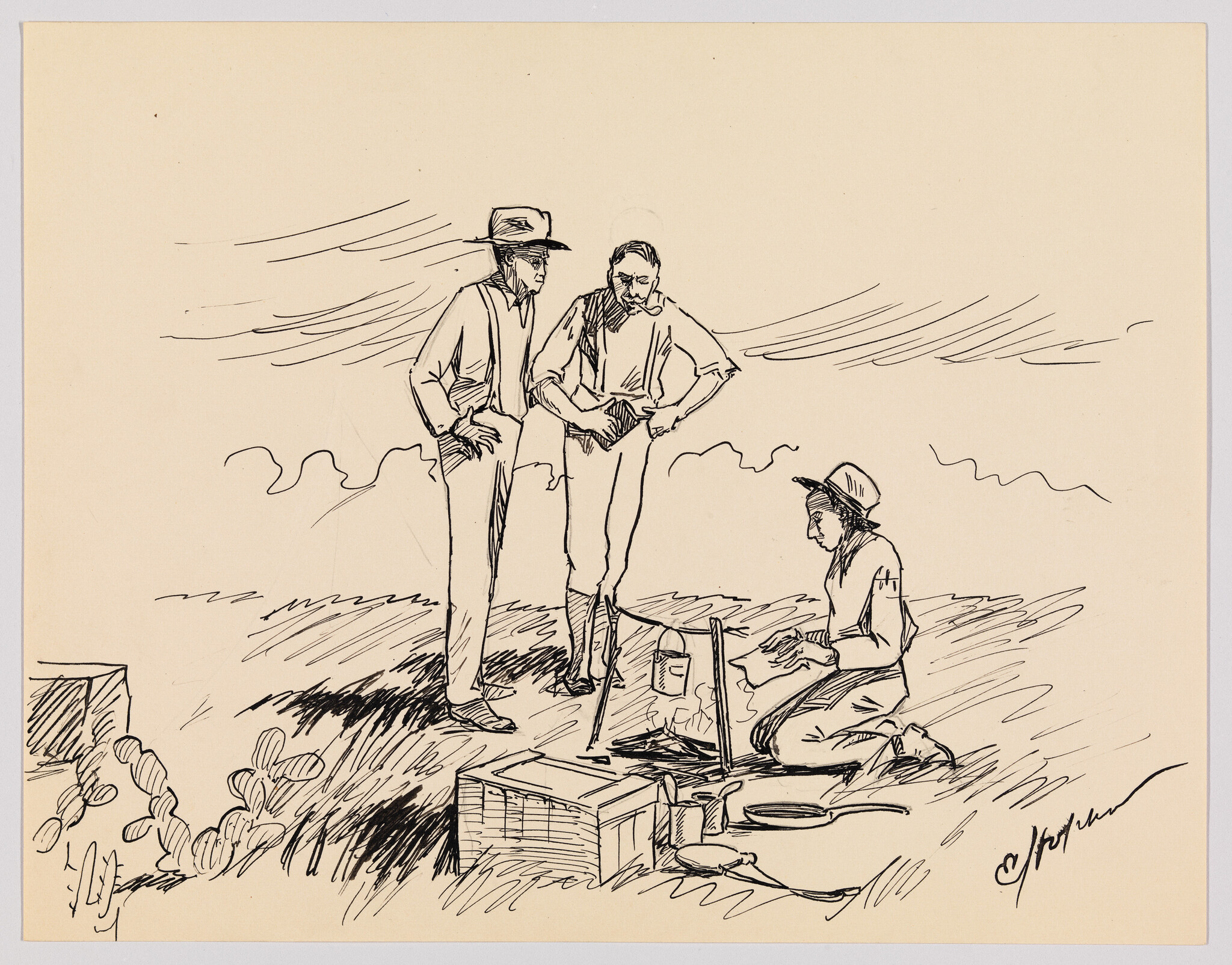 Three men outdoors, one kneeling to cook over a small fire while two watch.