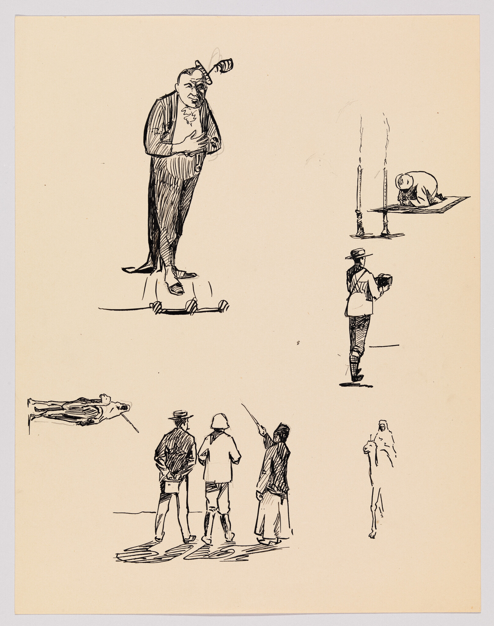Various pen sketches showing a large bowler-hatted man, groups of figures, and a camel rider.