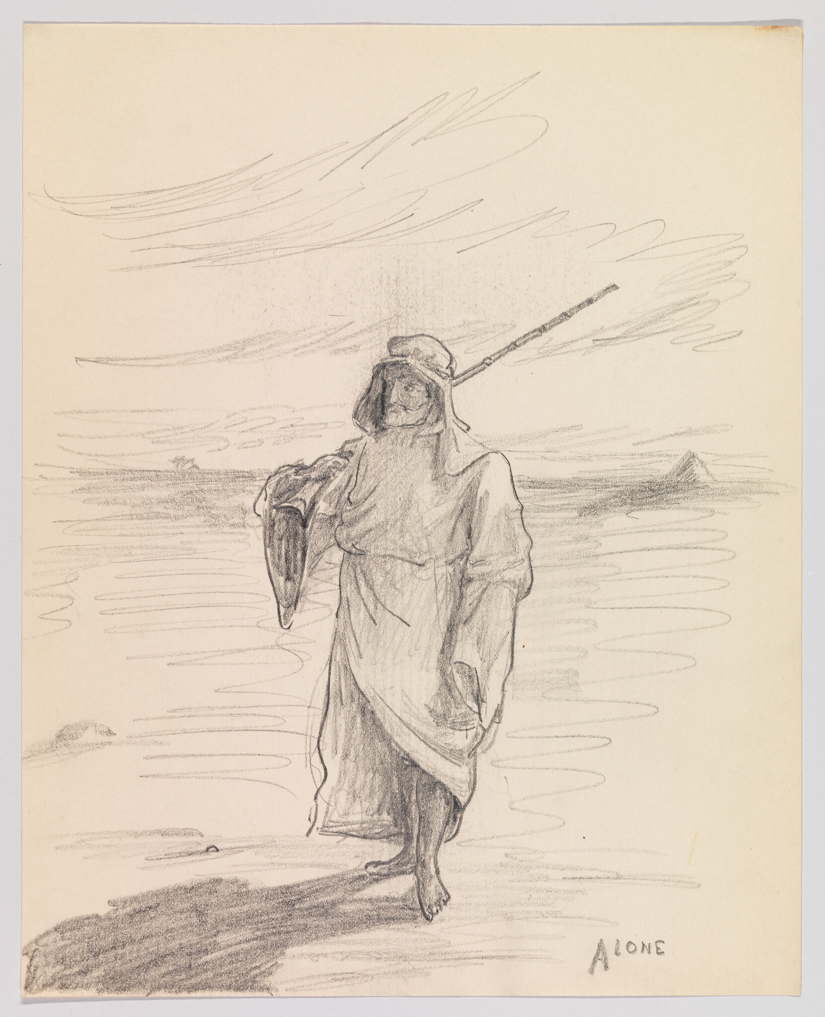A lone robed figure walks barefoot along a shoreline holding a hat-like object.