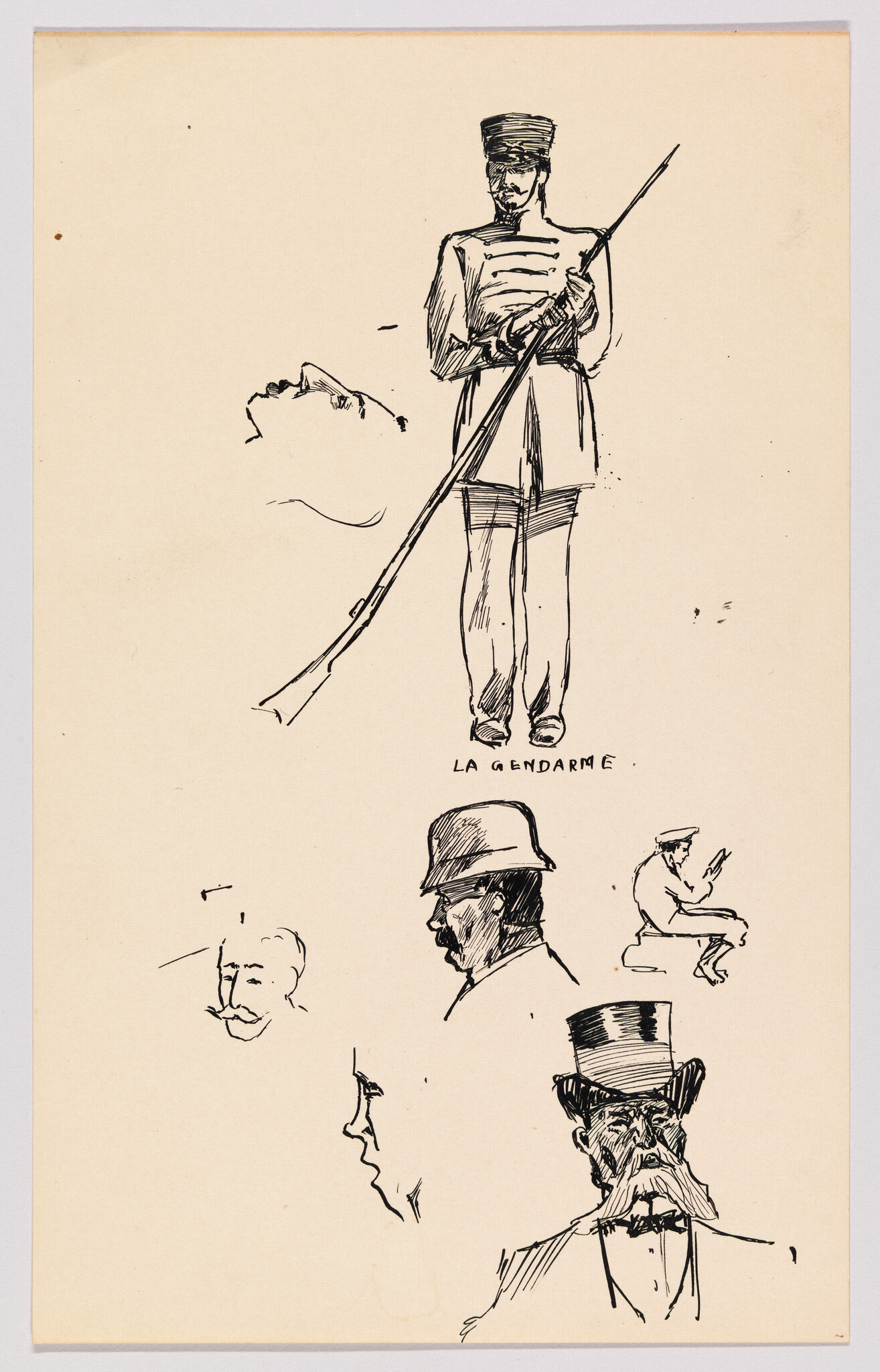 A standing gendarme in uniform holds a long rifle while other head sketches surround him.
