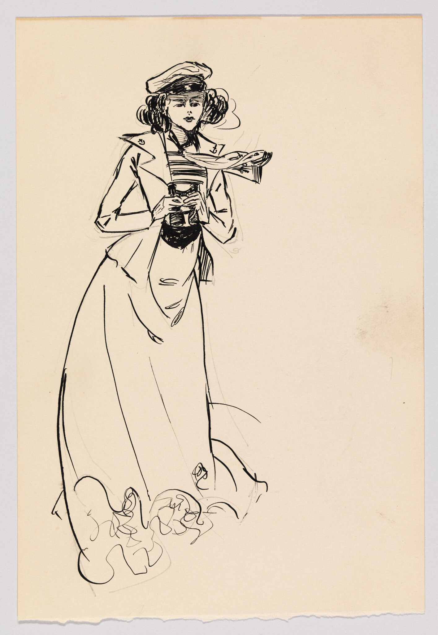 A woman in a sailor-style jacket and cap holds binoculars close to her chest.