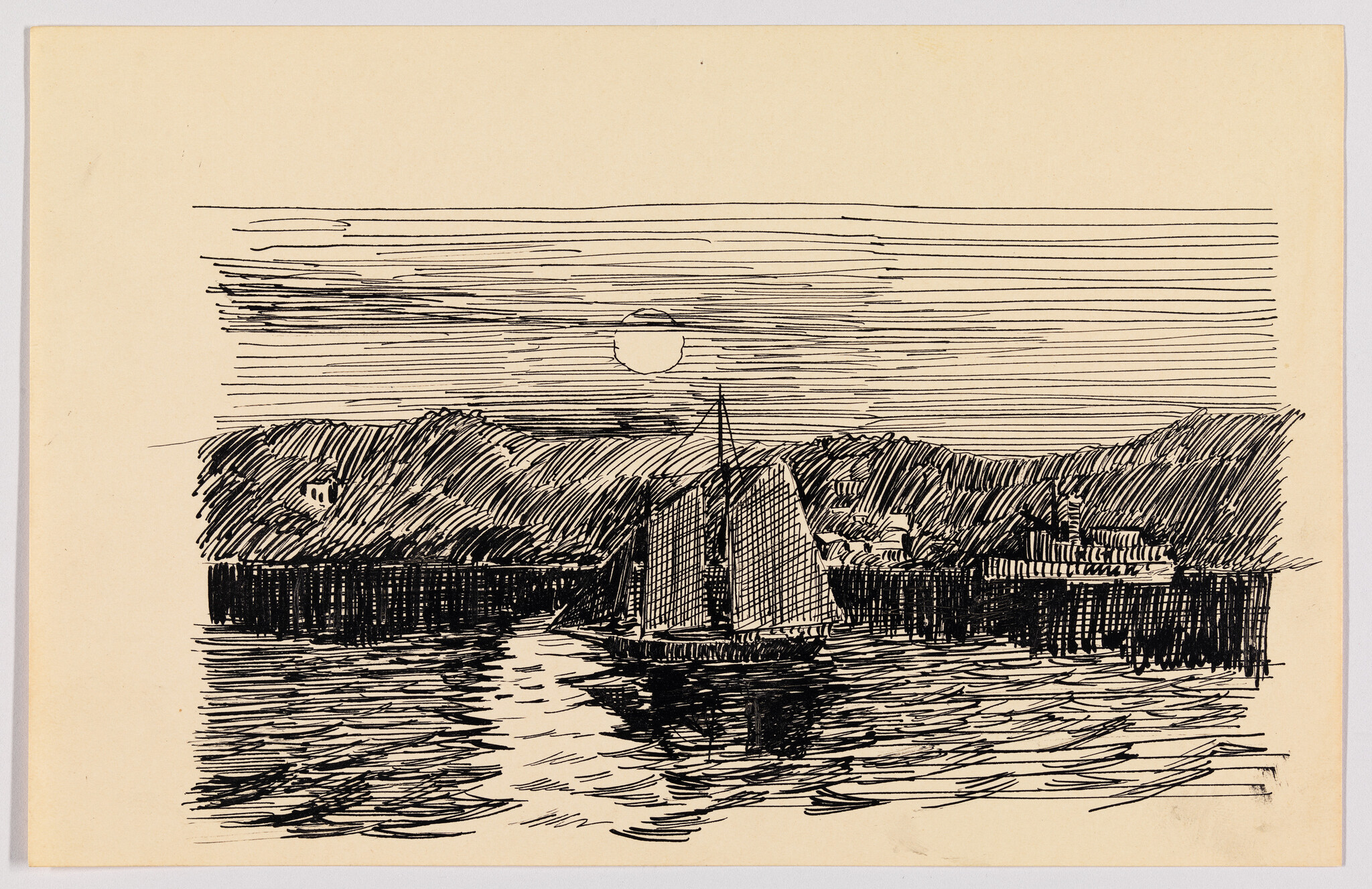 A small sailboat sails toward a harbor under the sun with its reflection on water.