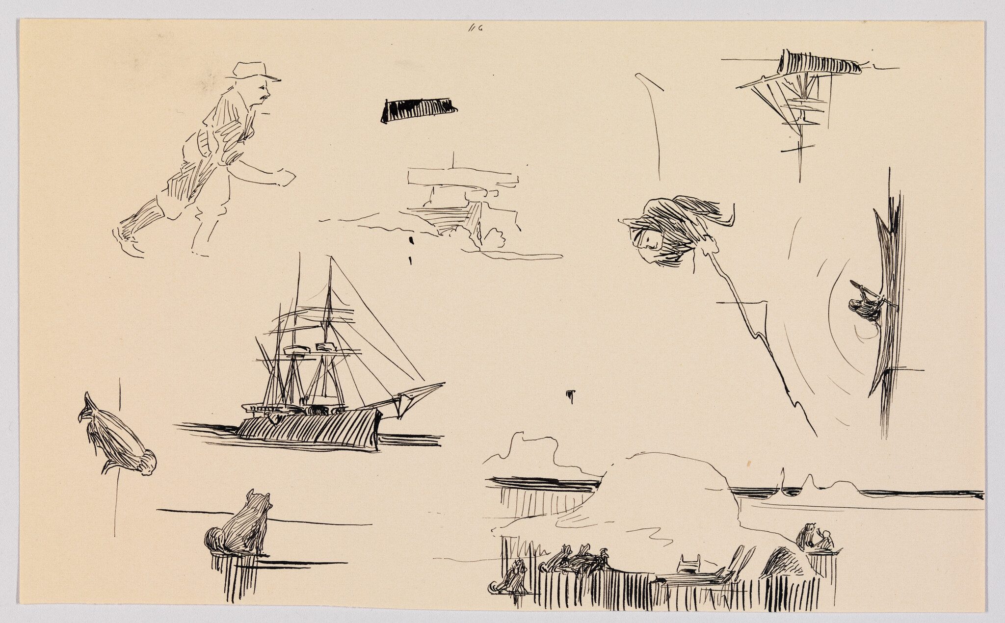 Loose pen sketches showing a sailing ship, coastal rocks, and small figures along the shore.