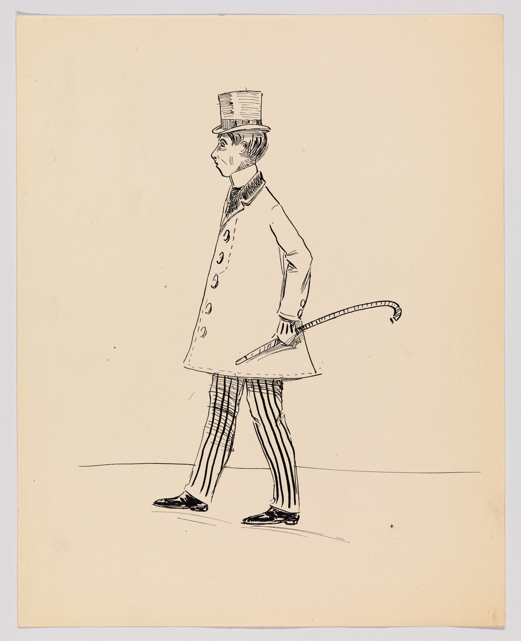 A man in a top hat and long coat walks holding a curved cane behind him.