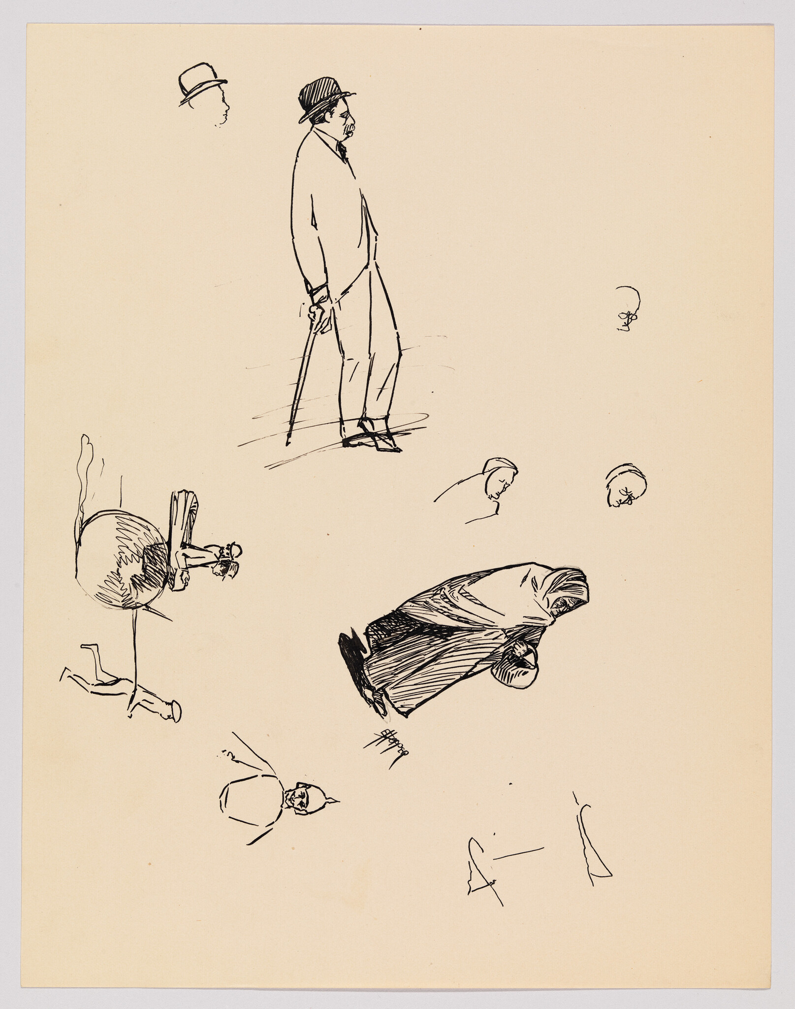 Sketch sheet showing a standing man with cane and a cloaked walking figure among small head studies.